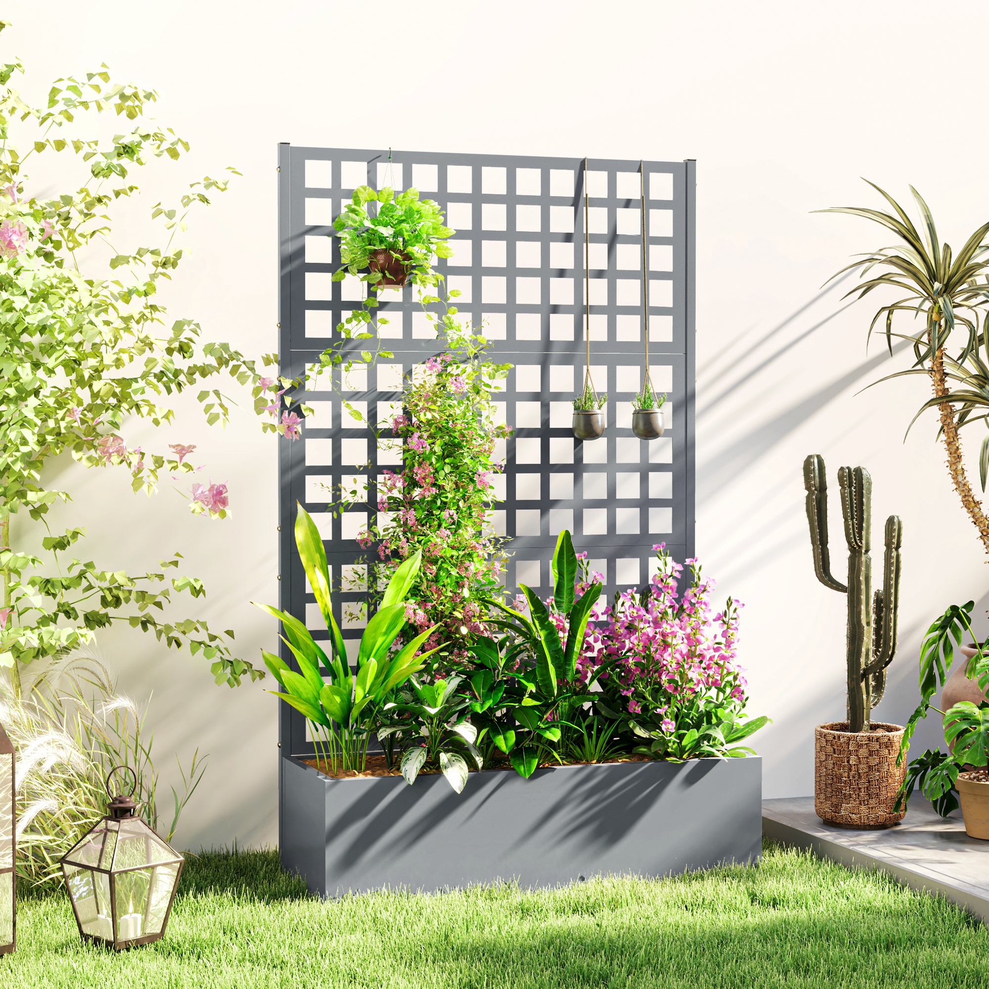  Galvanized Raised Garden Bed Planter Box with Trellis for Climbing Plants, Vegetable, Vines, 43" x 16" x 70", Gray