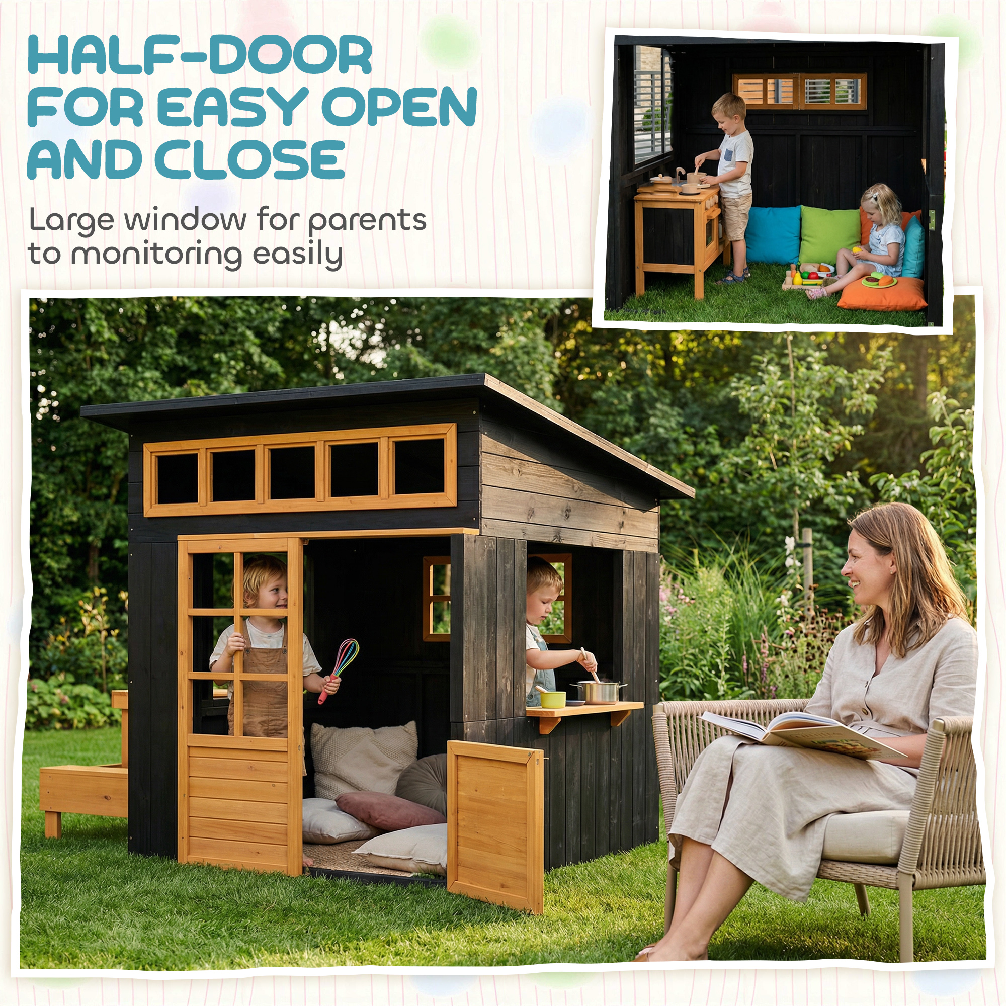 Outdoor Playhouse, Wooden Kids Playhouse w/ Picnic Table & Benches, Chalkboards, Half Door, Windows, for Kids Ages 3-8