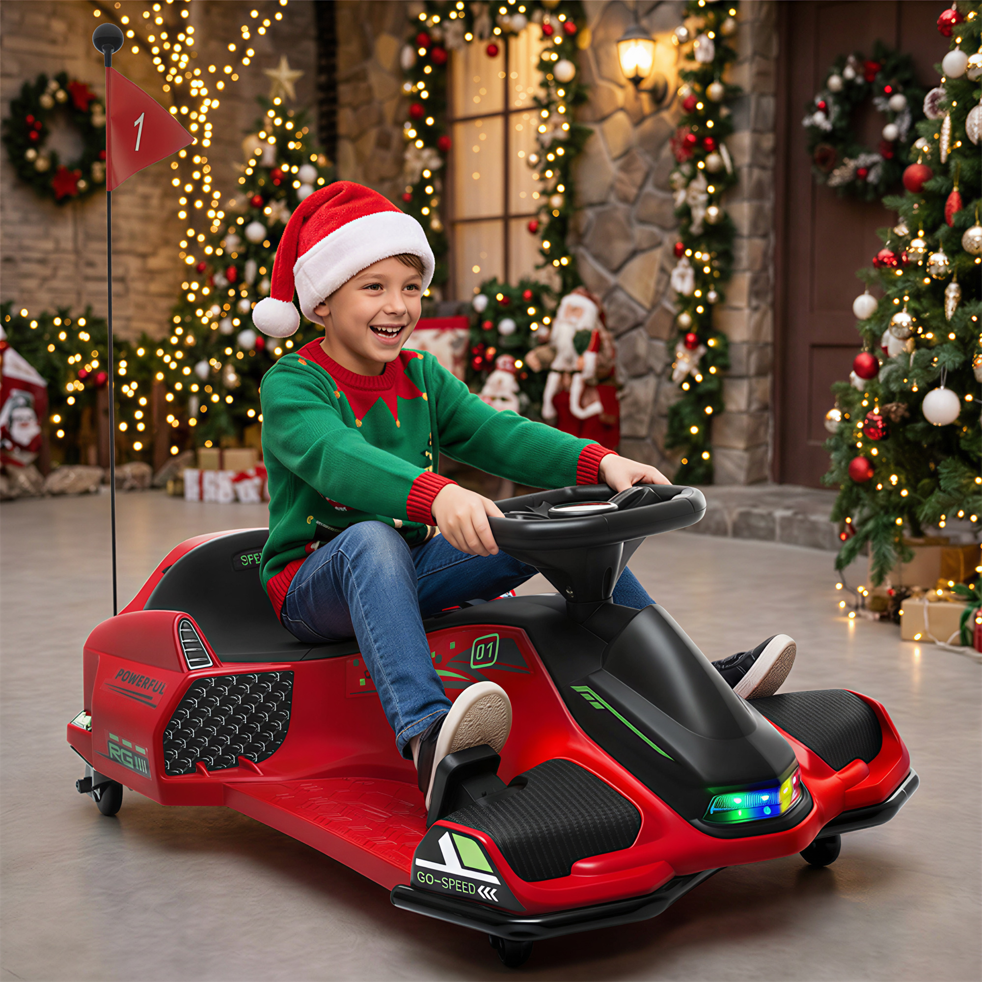 12V Electric Drifting Go Kart w/ Slow Start, Music, Lights, Red