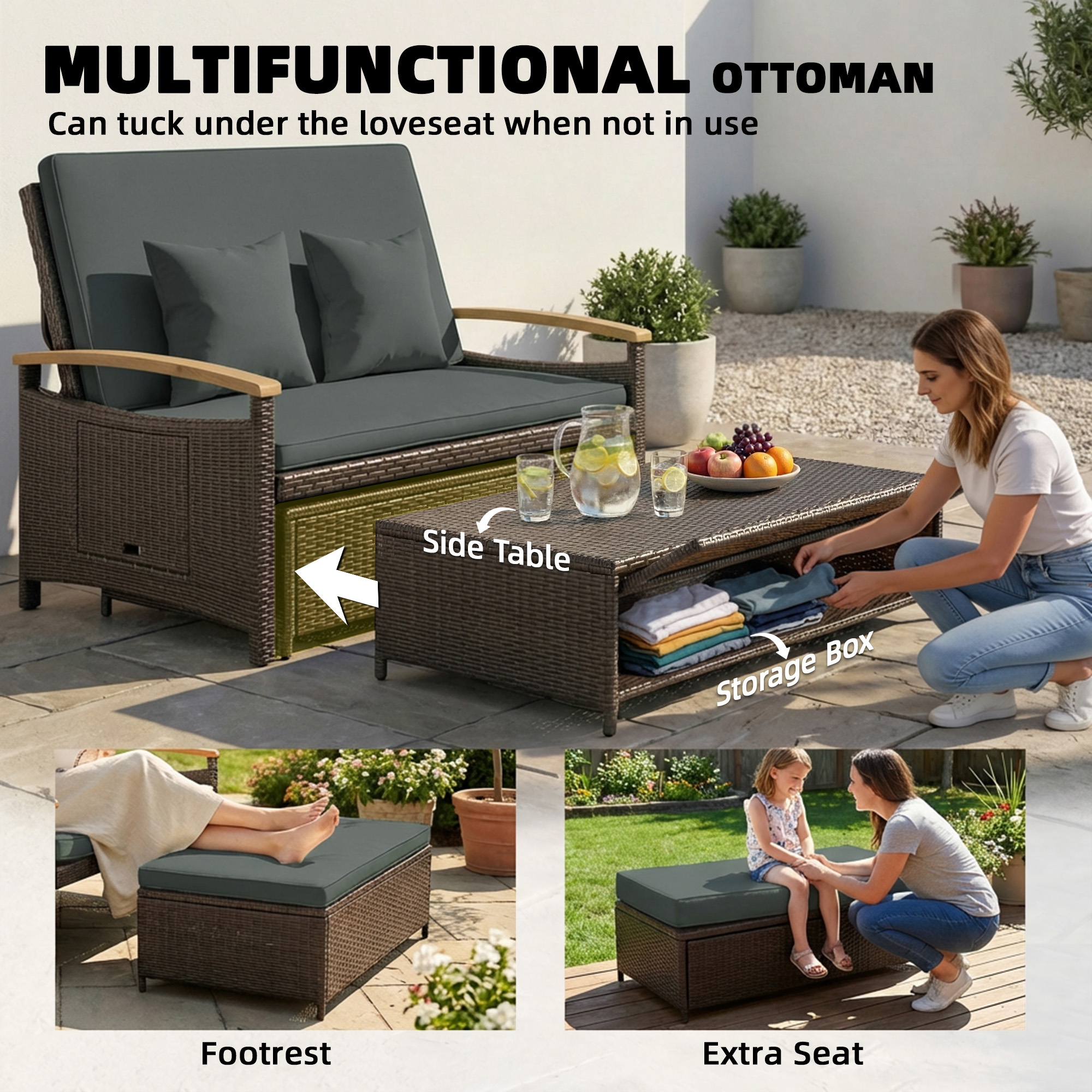  Rattan Outdoor Daybed w/4-Level Adjustable Backrest, Patio Sofa Bed w/Storage Ottoman, Acacia Wood Armrest, Mixed Gray