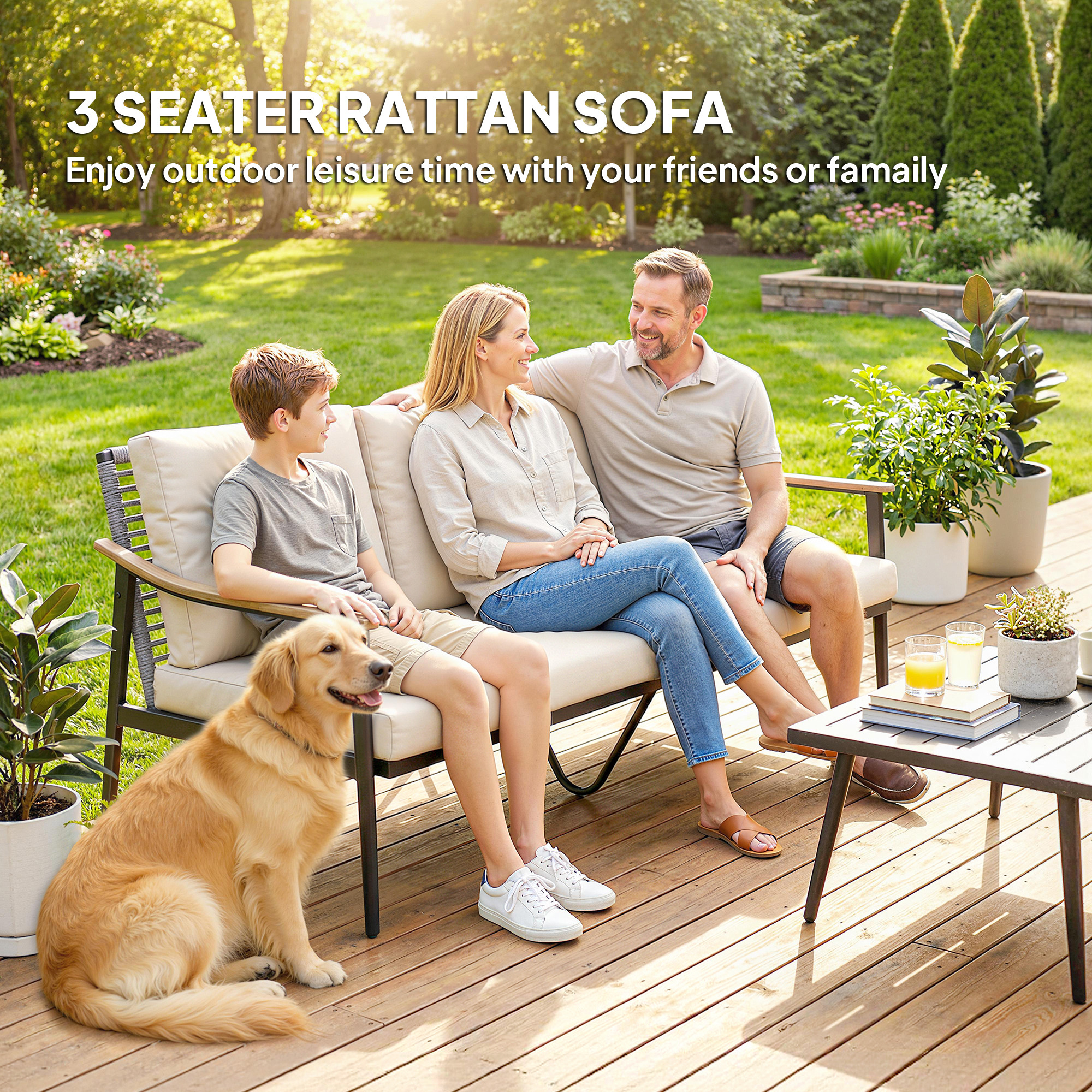  3 Seater Outdoor Patio Sofa, Outdoor Couch with Wood-Effect Armrests, Wicker Backrest, Cushions for Garden Yard, Khaki