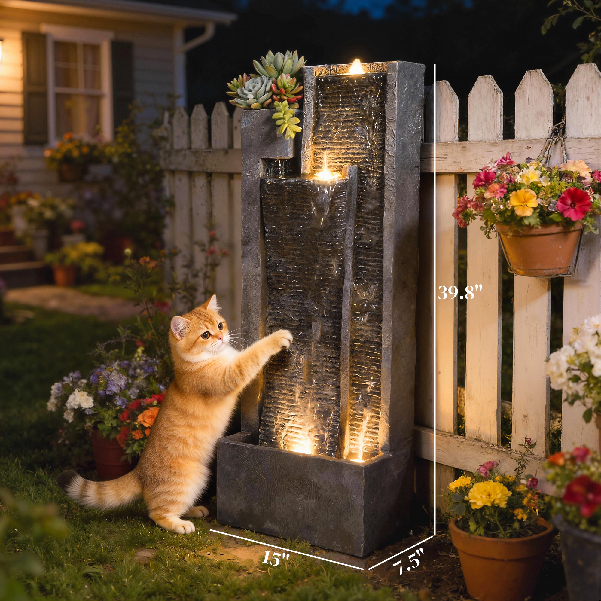  40" Tall Outdoor Waterfall Fountain with LED Lights and Planter, 3-Tier Cascading Waterfall Feature with Pump, Dark Gray