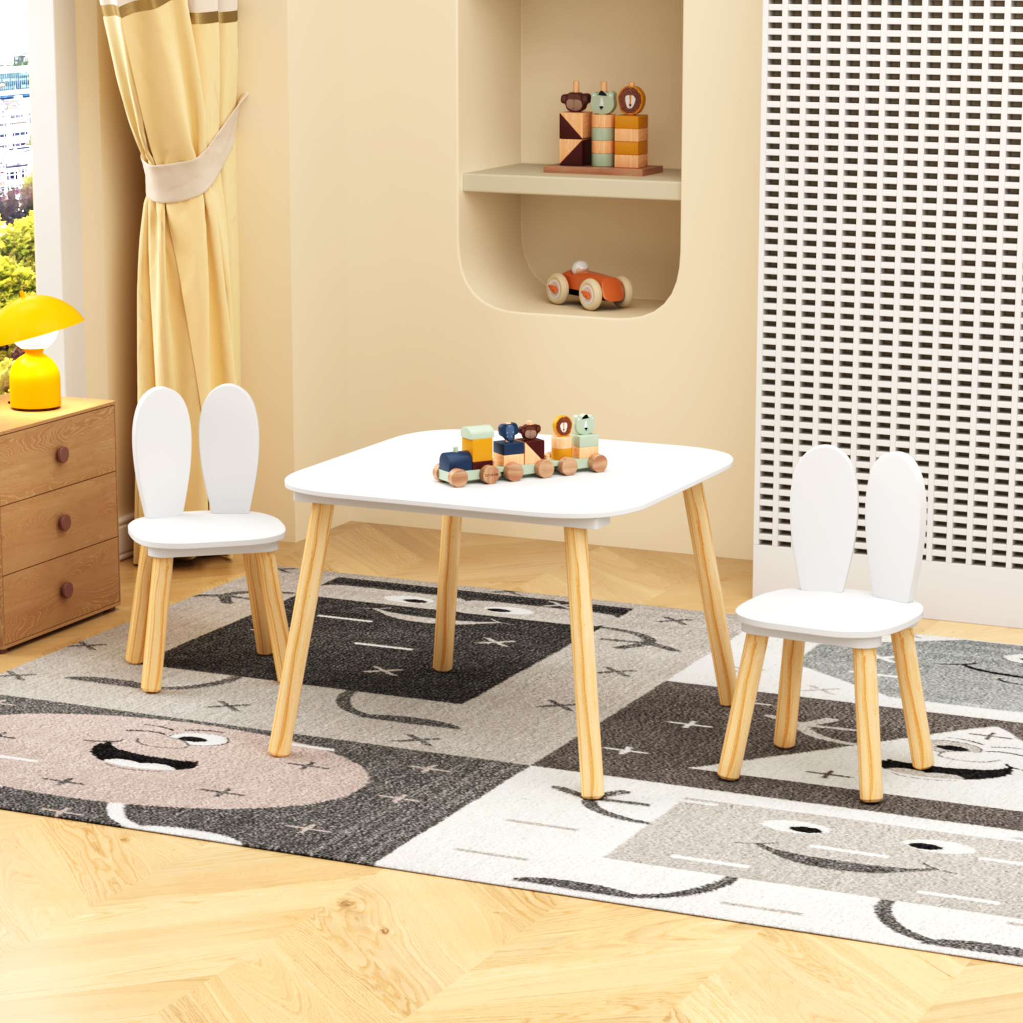 Kids Table And 2 Chairs Set, 3 Pieces Rabbit Themed Toddler Table And Chair Set, Children Wooden Activity Play Table Set Solid Wood Legs White