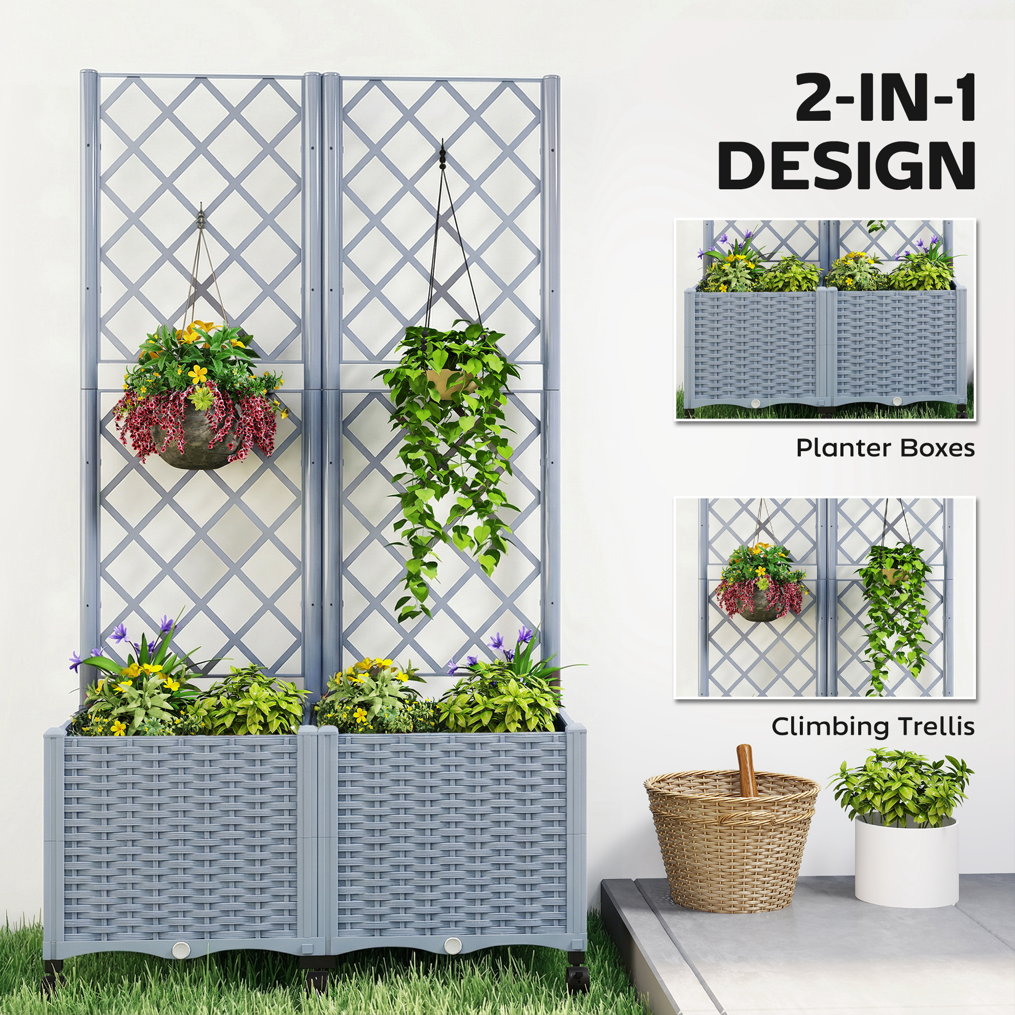  Planter Box with Trellis, Self Watering Raised Garden Bed with Lockable Wheels and Drainage Holes, Gray