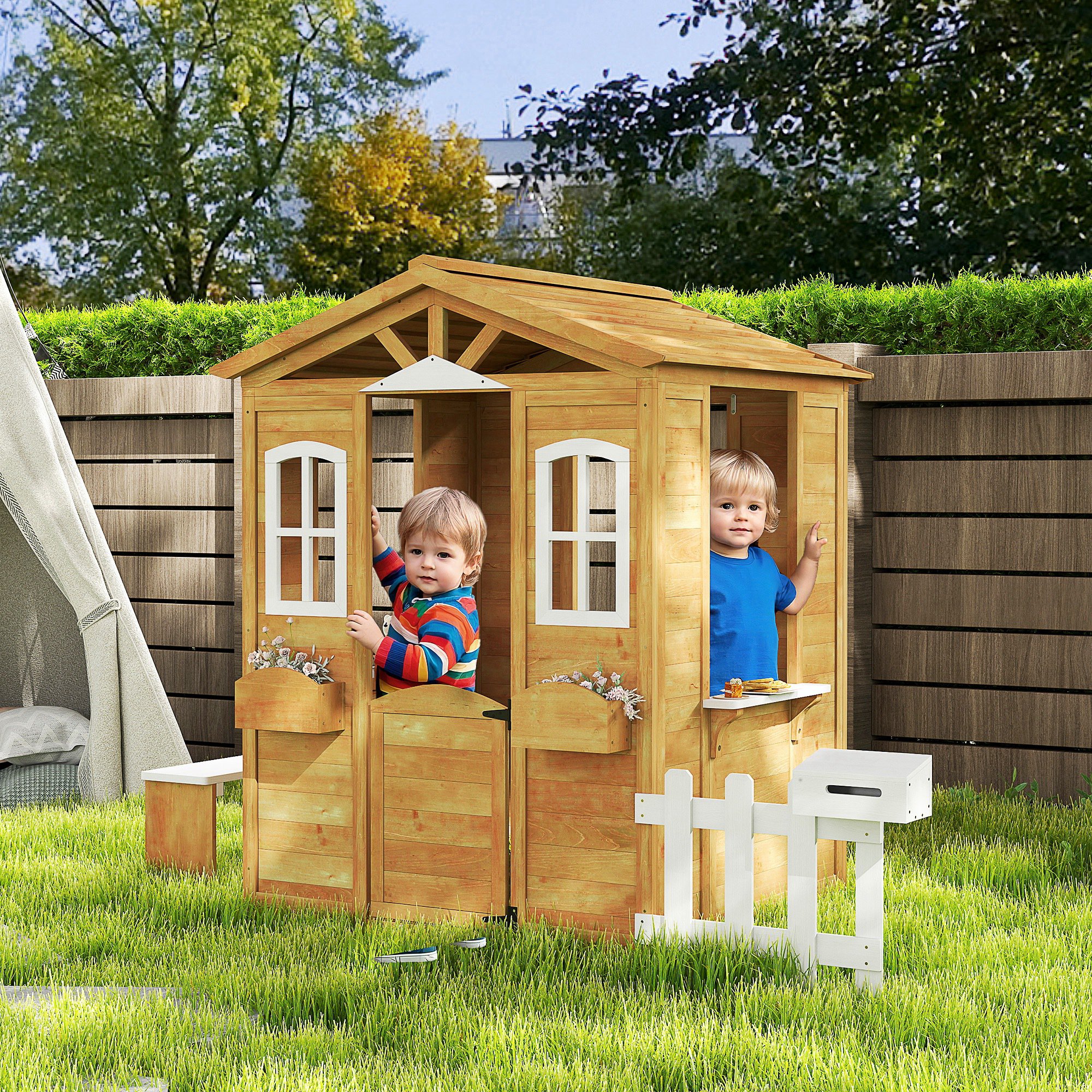  Outdoor Playhouse for Kids Wooden Cottage with Working Doors Windows & Mailbox for Age 3-6 Years, Natural Wood