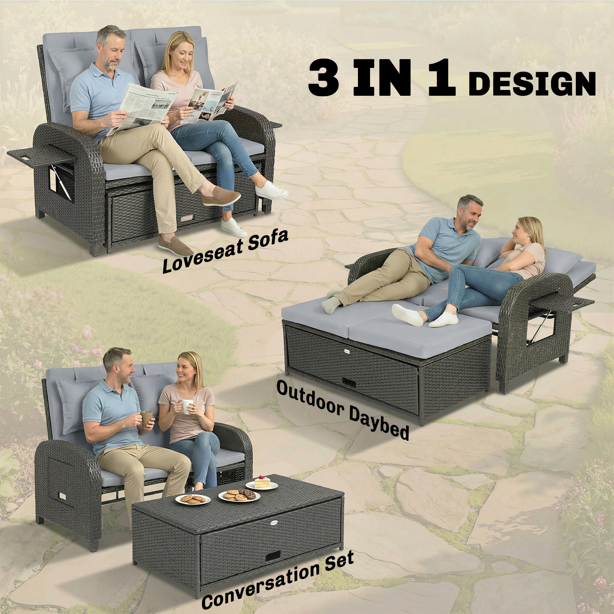  Patio Rattan Daybed, Wicker Outdoor Daybed with Storage Ottoman, Loveseat w/ Adjustable Backrest, Side Tables, Gray