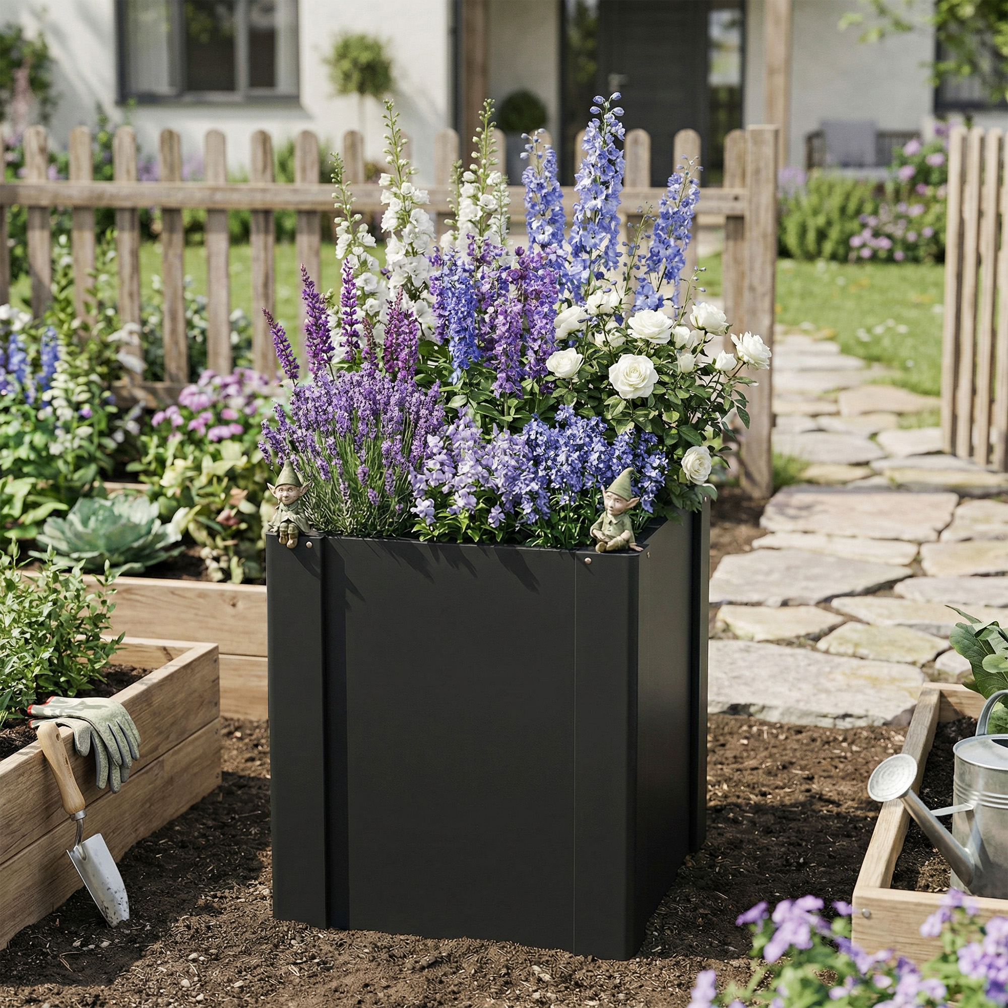  Raised Garden Bed Galvanized Planter Box Outdoor with Gloves for Gardening Vegetables, Flower, Herb, 1.4 x 1.4 x 1.5 ft, Black