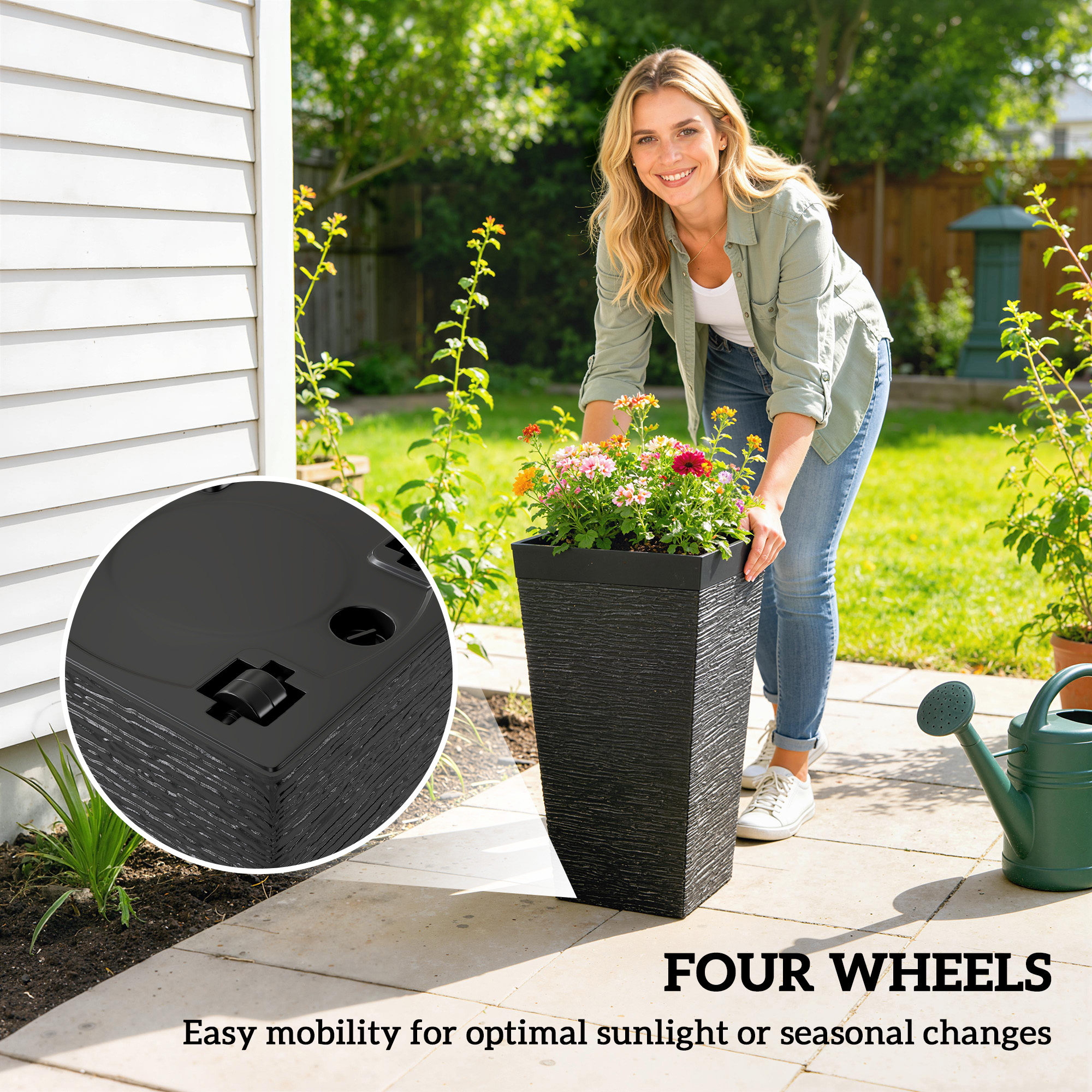  22.8 Inch Set of 3 Outdoor Planters with Stone Finish and Wheels, Stackable Tapered Planters with Drainage Hole, Black