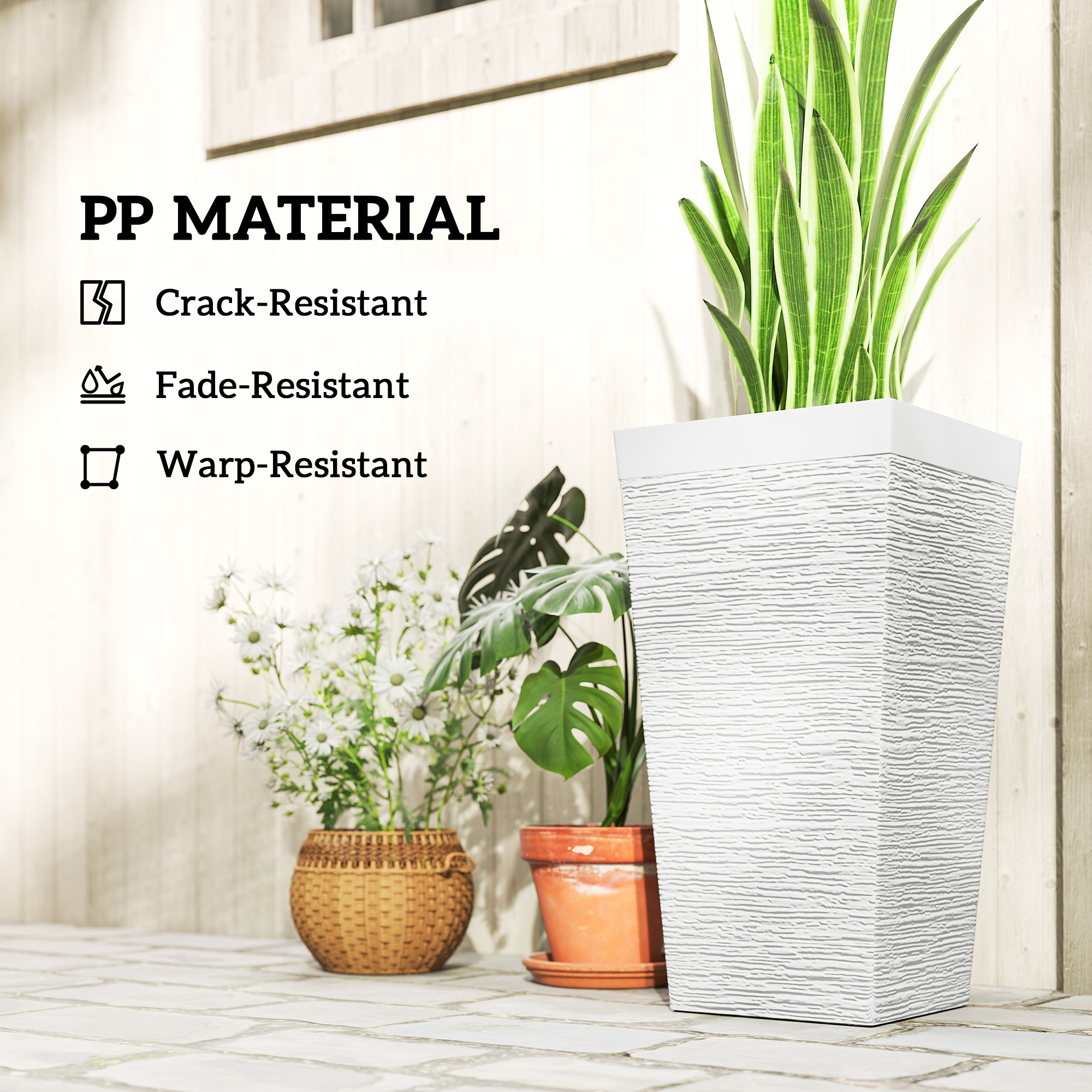  22.8 Inch Set of 3 Outdoor Planters with Stone Finish and Wheels, Stackable Tapered Planters with Drainage Hole, White