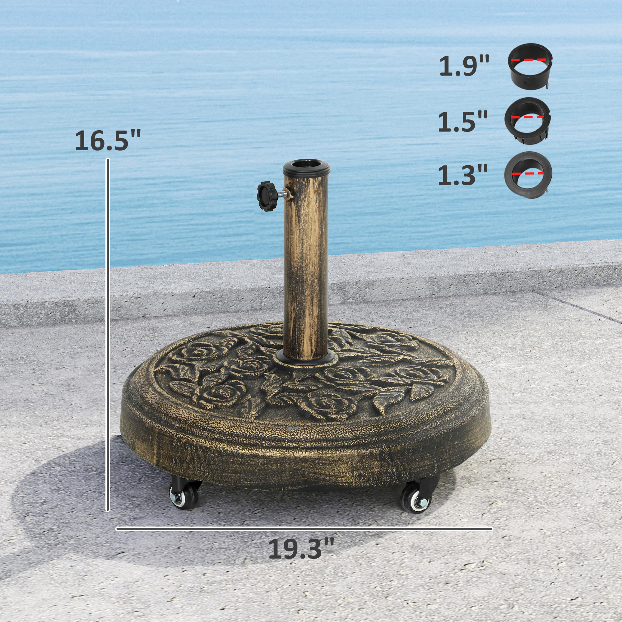 Round Patio Umbrella Base, 46 lbs Resin Umbrella Base with Wheels, Outdoor Umbrella Stand for 1.3"/1.5"/1.9" Umbrella Poles for Outdoor, Lawn, Poolside, Bronze
