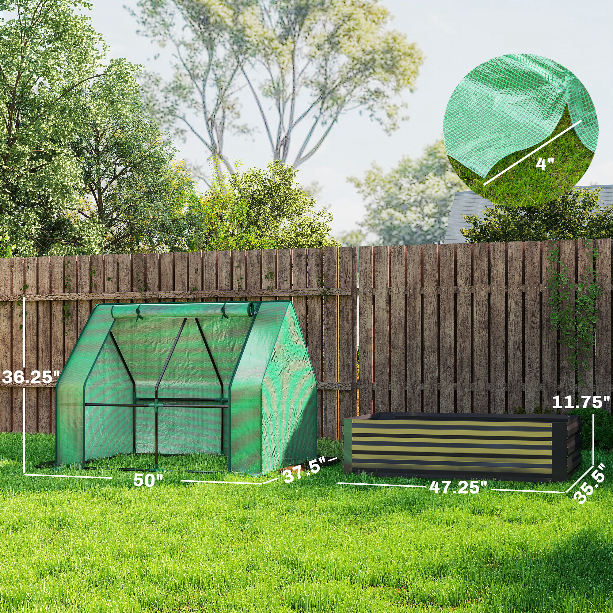  4 x 3 x 3ft Raised Garden Bed with Mini Greenhouse, Galvanized Raised Garden Bed with Cover, Green and Dark Gray