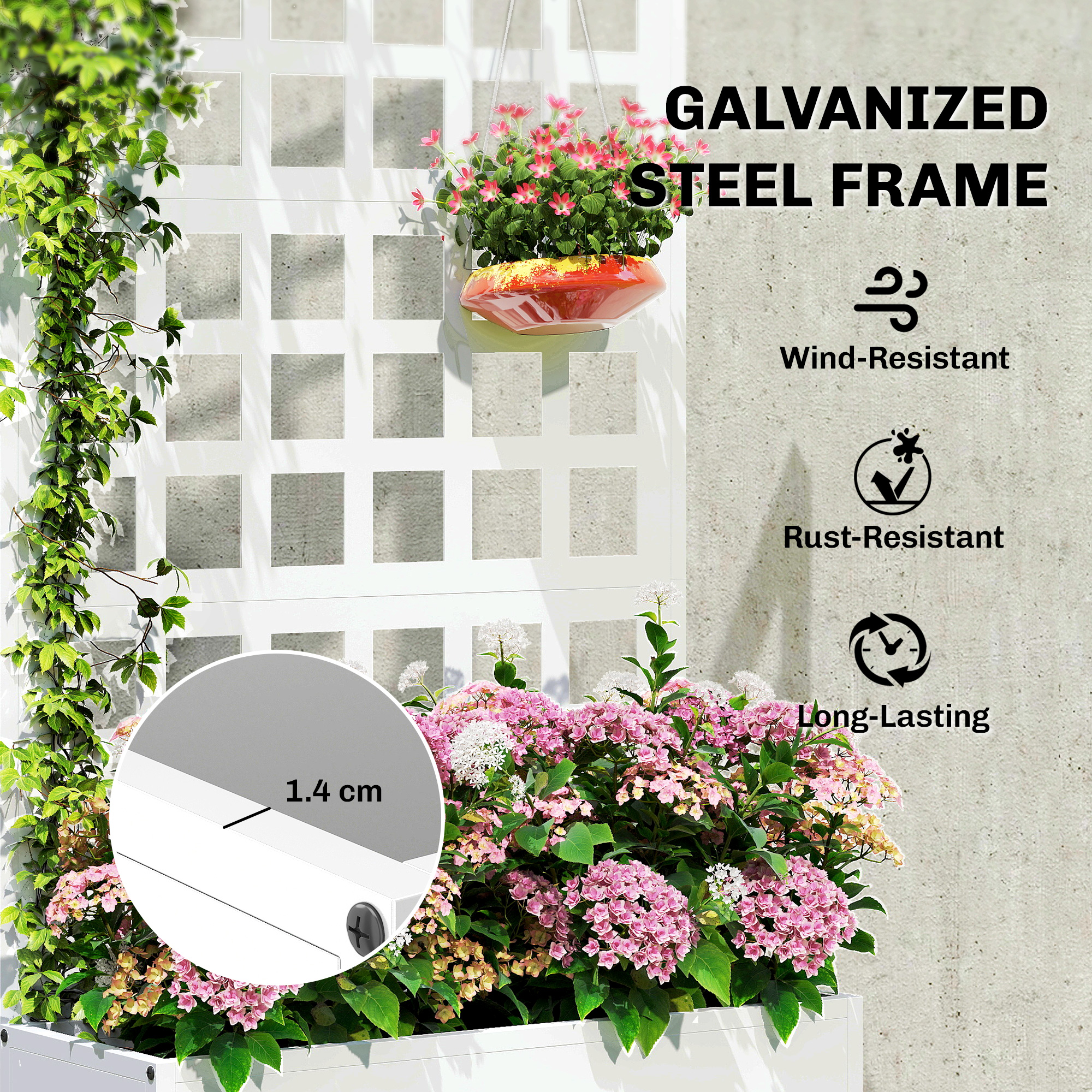  Galvanized Raised Garden Bed Planter Box with Trellis for Climbing Plants, Vegetable, Vines, 24" x 9" x 44.5", White