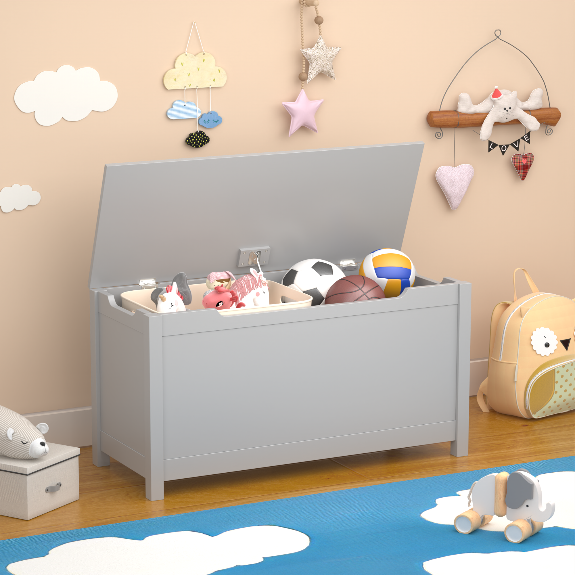 Kids Wooden Toy Box Storage With Safety Hinged Lid For Ages 2 Gray