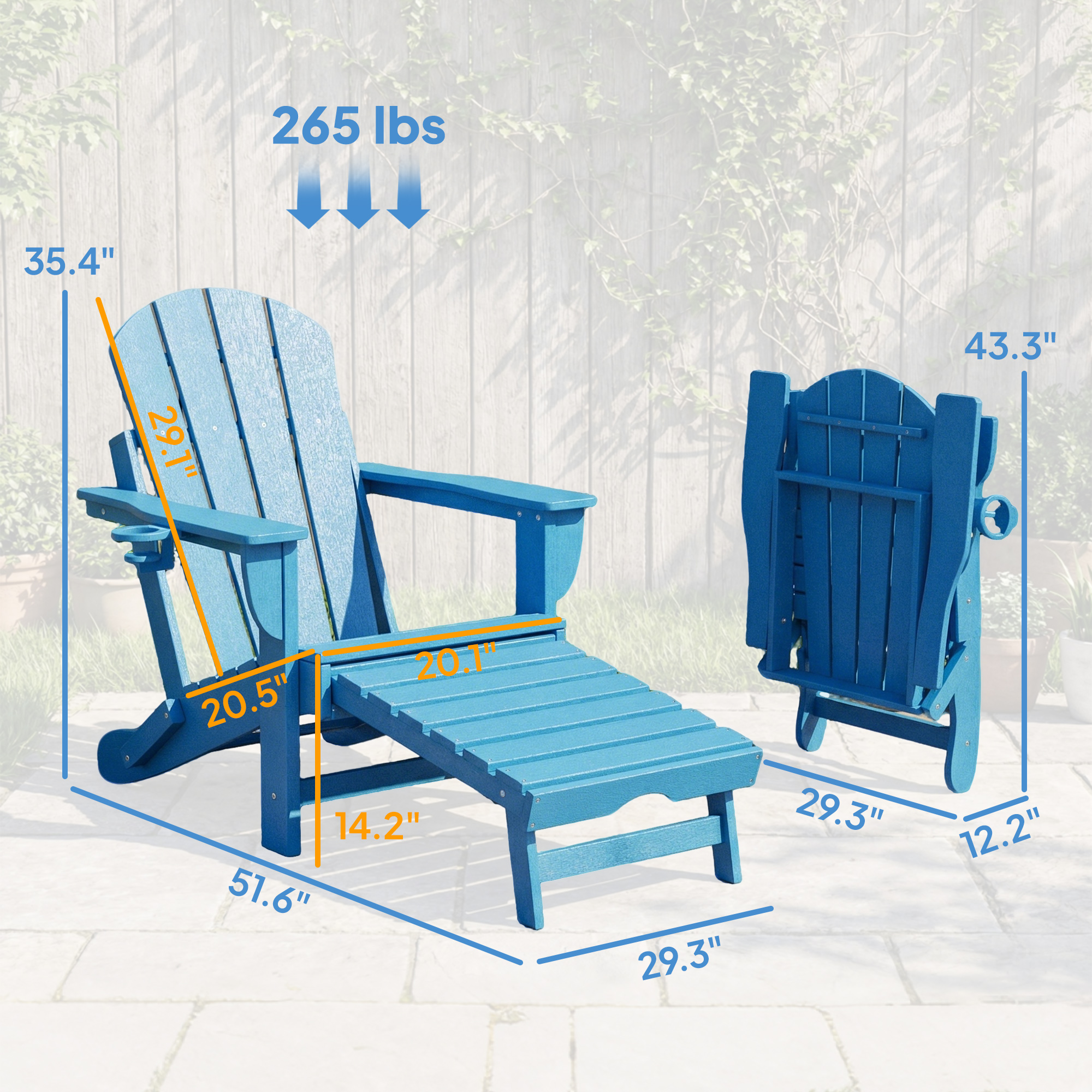  Folding Adirondack Chair Set of 2, HDPE Fire Pit Chair with Retractable Ottoman and Cup Holder, Blue
