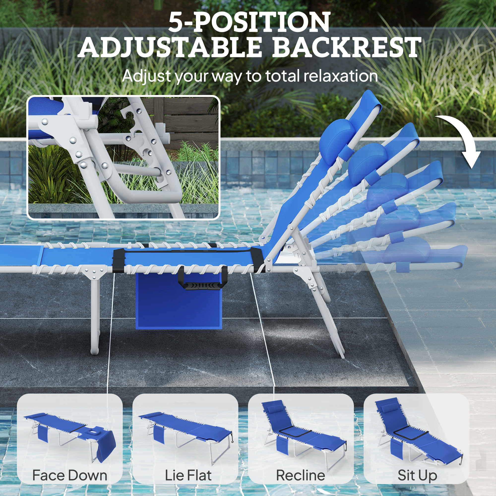  Tanning Chair Set of 2 with Face Hole and Side Table, 5-Position Folding Outdoor Chaise Lounge Chair, Navy Blue