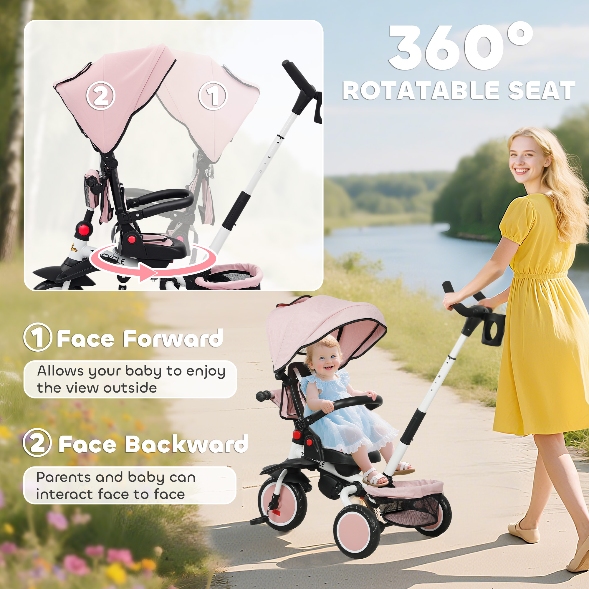 6 in 1 Kids Tricycle with Adjustable Push Handle, Removable Canopy, Reversible Seat, for 1-5 Years, Pink
