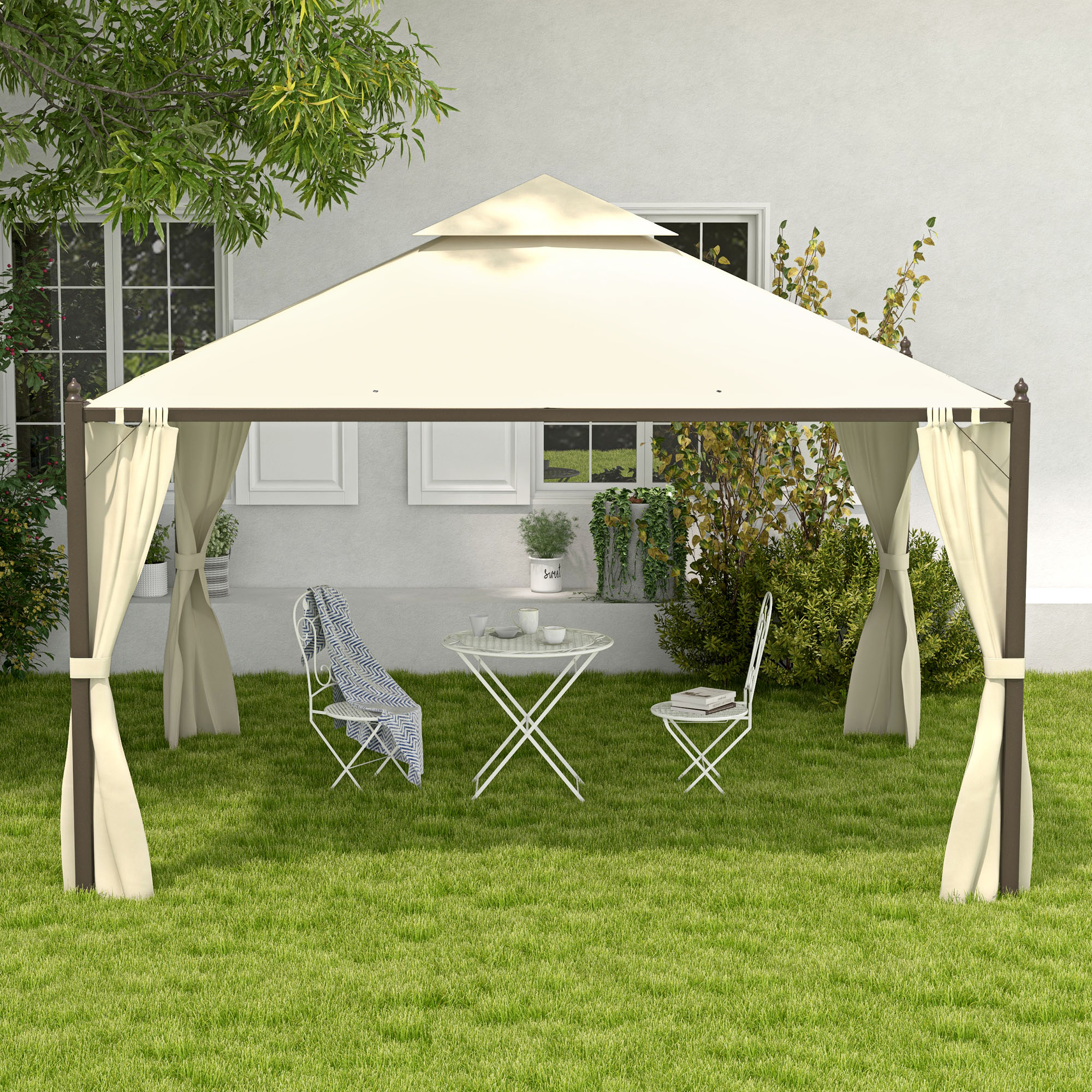 10' x 12' Outdoor Patio Gazebo with Curtains, Two-Tier Roof, Beige