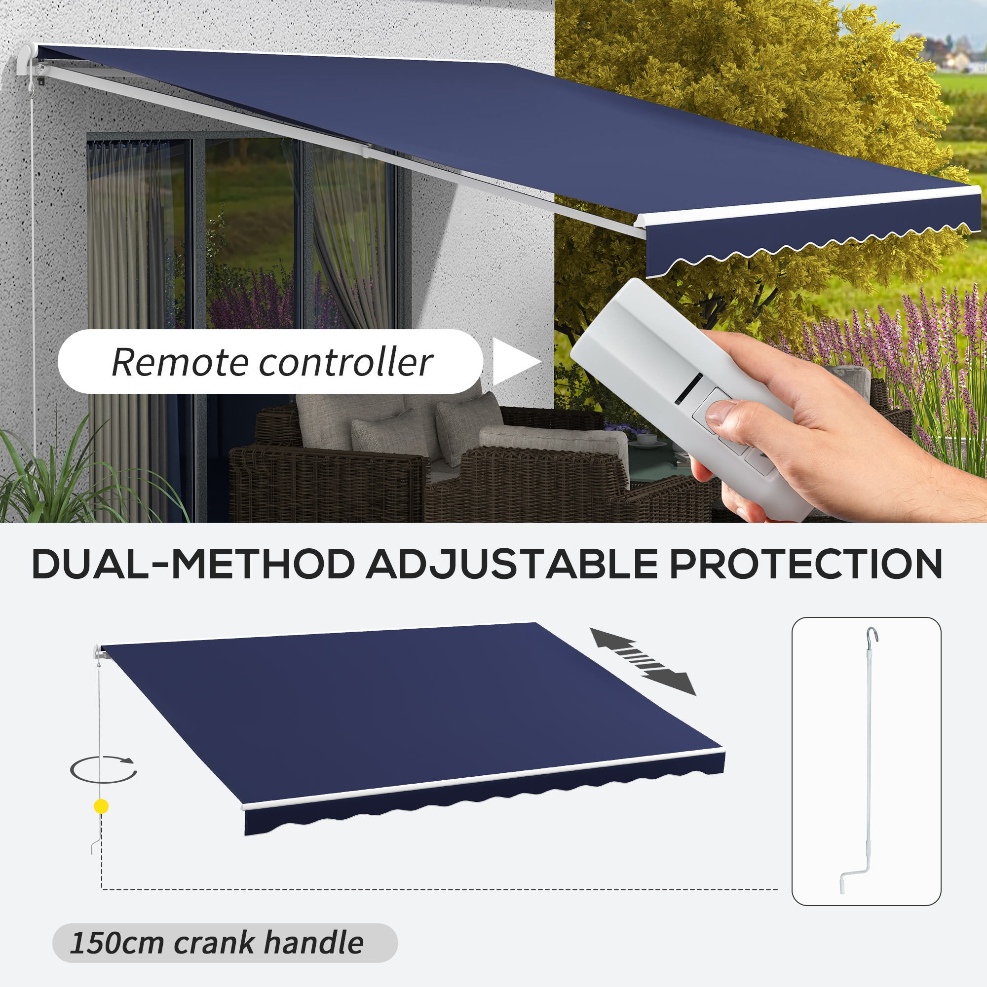  16'x10' Electric Retractable Awning Sunshade Shelter with Remote Controller & Crank Handle for Deck Balcony Yard, Blue
