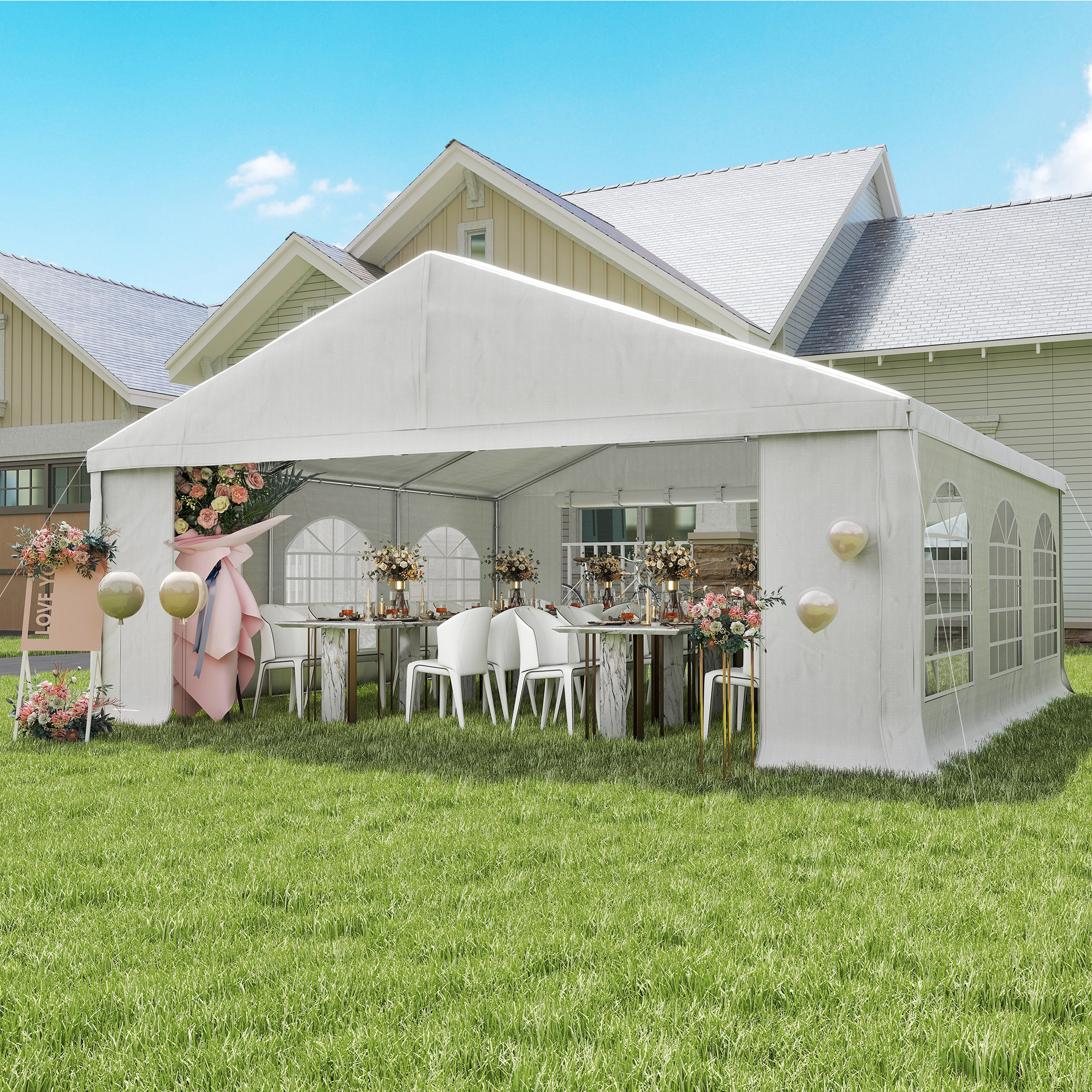  20' x 20' Heavy-duty Large Wedding Tent, Outdoor Carport Garage Party Tent, Patio Gazebo Canopy with Sidewall, White