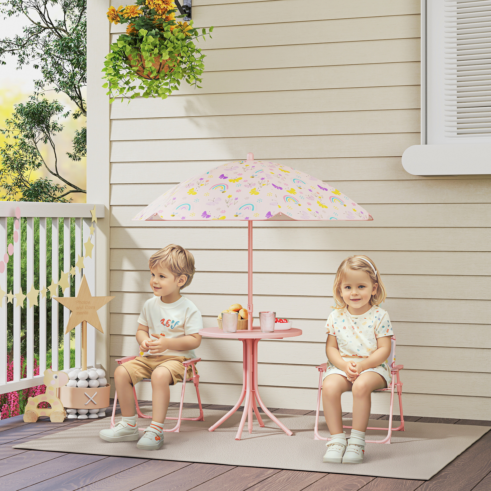 Kids Picnic Table and Chair Set, Outdoor Activity Table with Foldable Chairs, Removable Umbrella for Backyard, Pink - Image 1