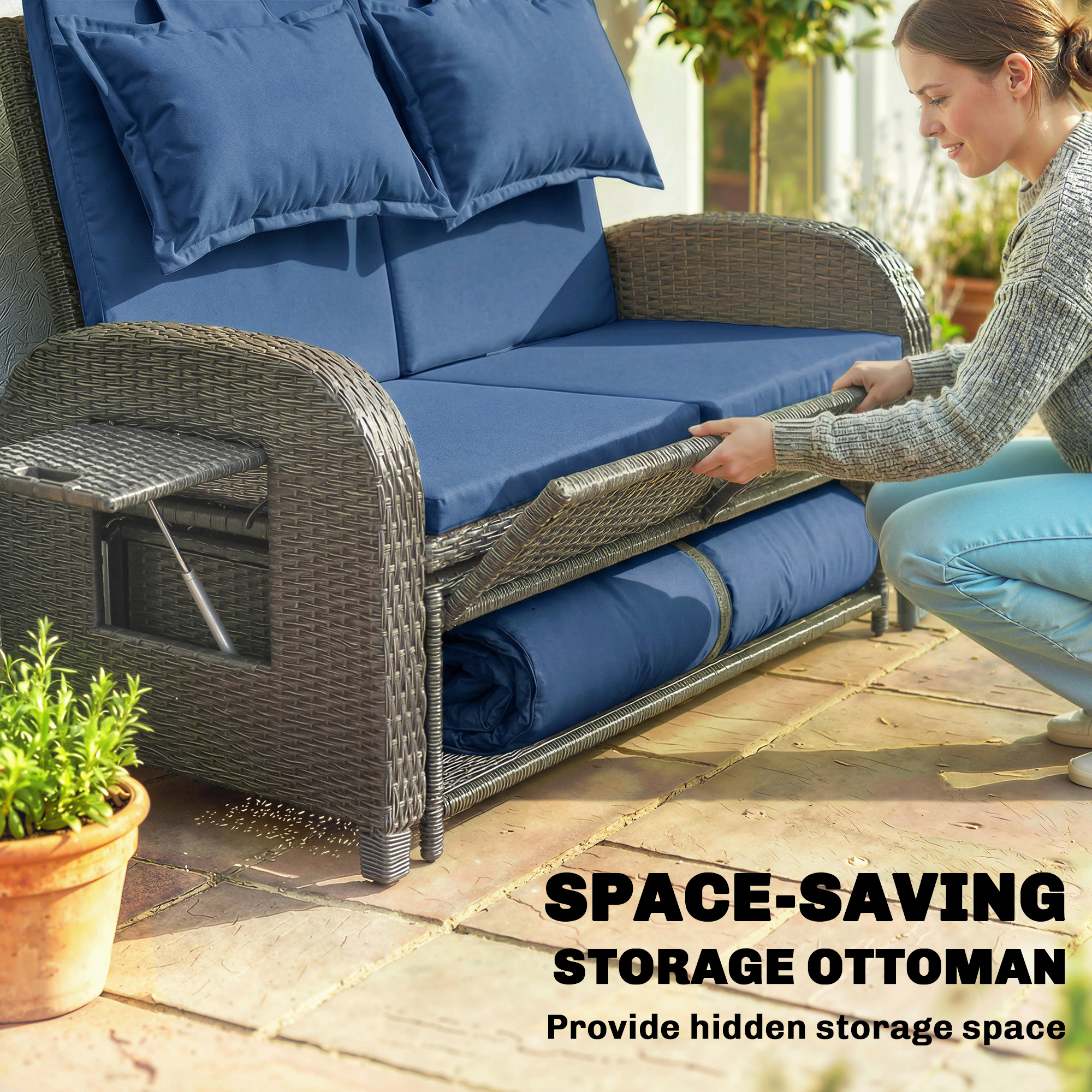  Patio Rattan Daybed, Wicker Outdoor Daybed with Storage Ottoman, Loveseat w/ Adjustable Backrest, Side Tables, Navy Blue