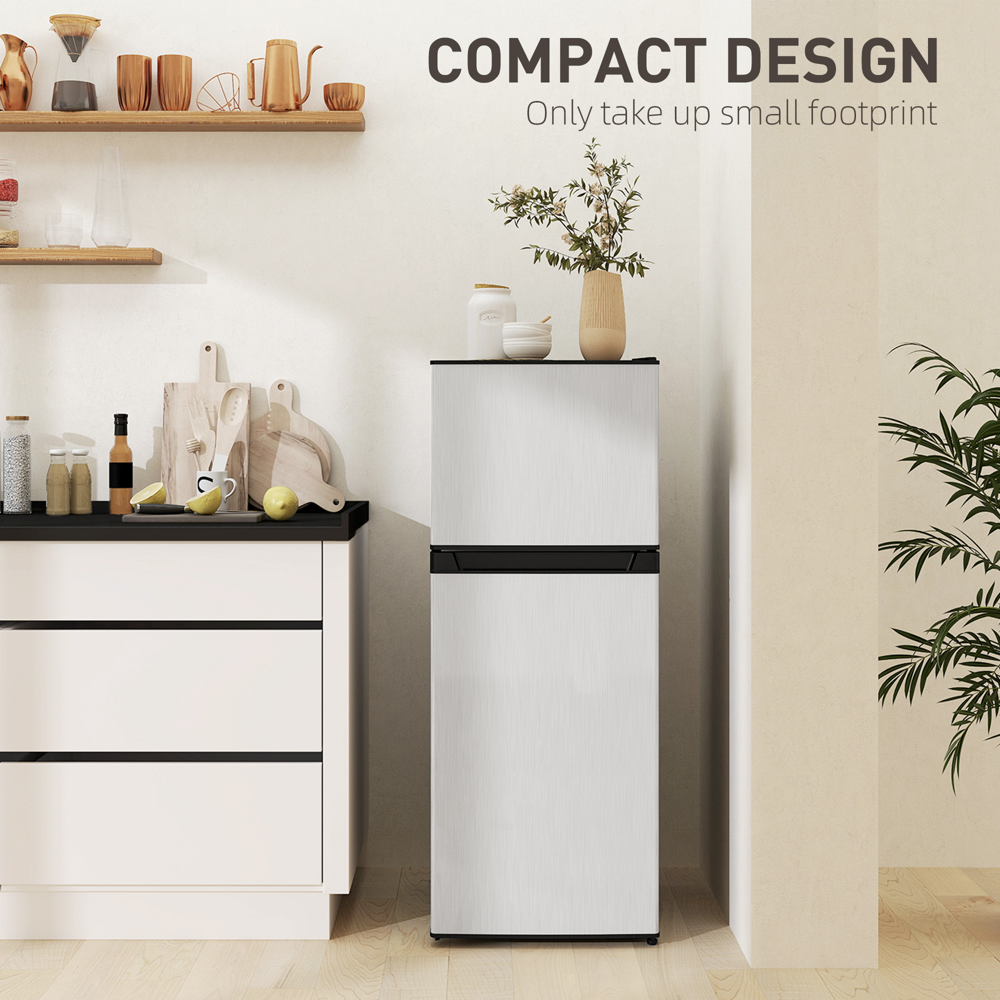  Small Fridge with Freezer, 4 Cu Ft Refrigerator with Reversible Doors, Silver