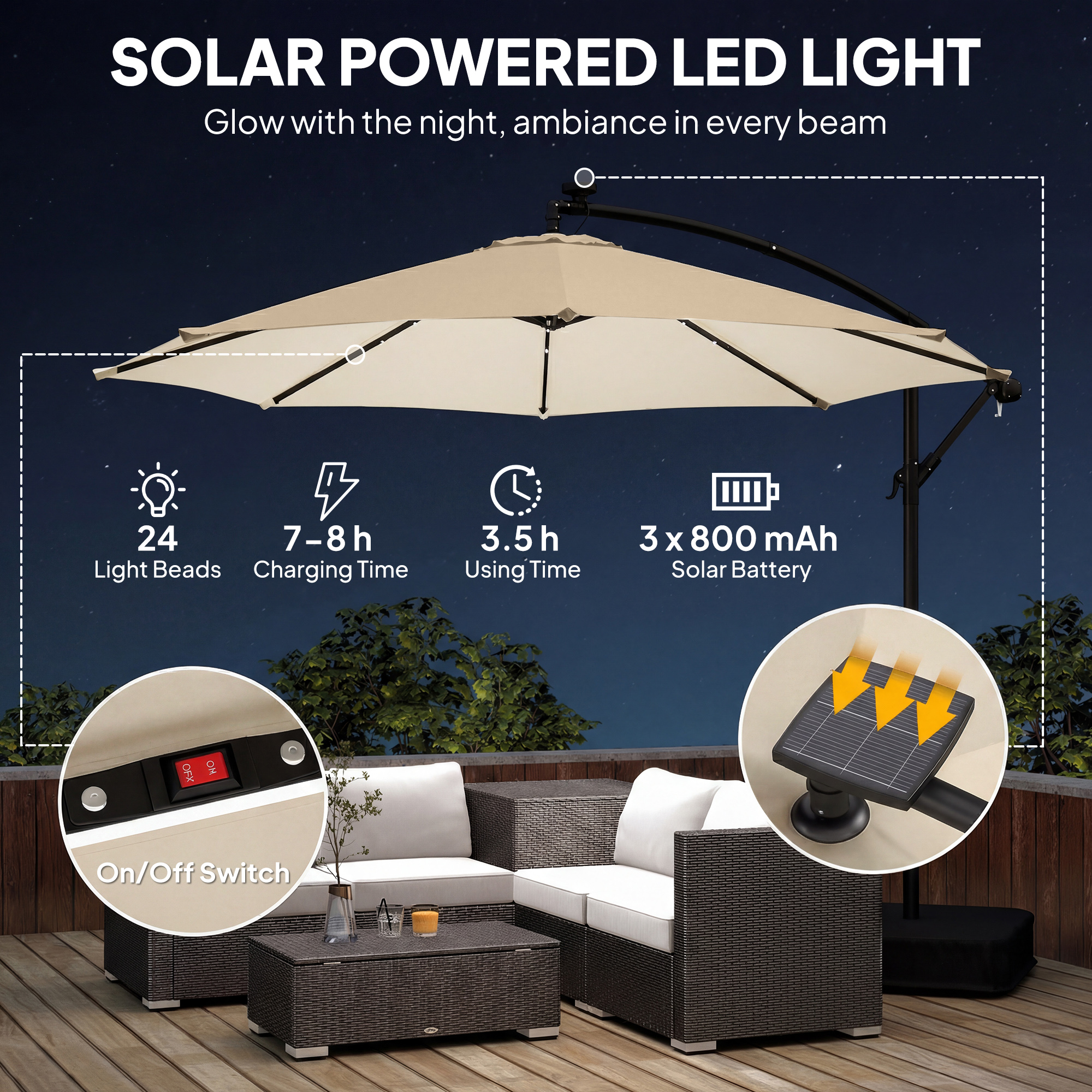  10 ft Cantilever Patio Umbrella with Light, Weight, Offset Hanging Outdoor Umbrella with Protective Cover, Cream White