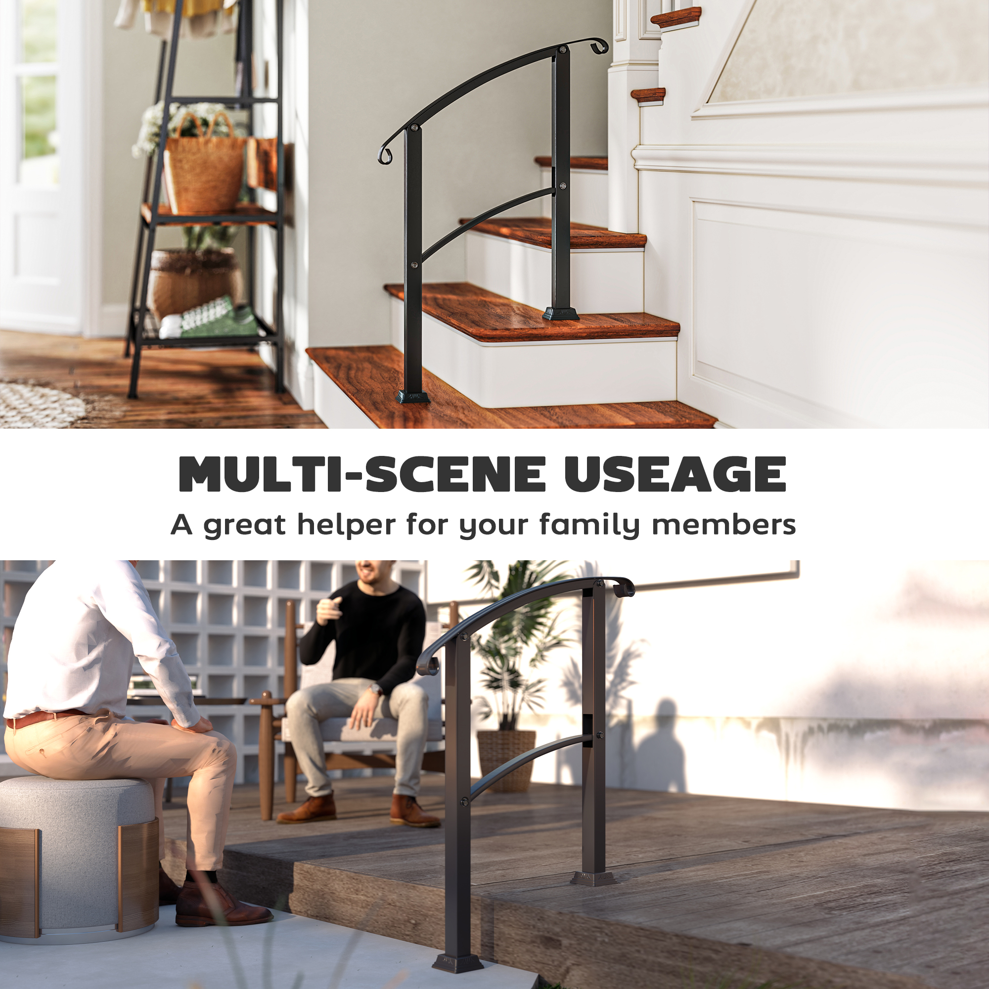  1-3 Step Metal Handrails for Outdoor Steps, Porch Deck Stair Railing with Installation Kit for Concrete Steps, Black