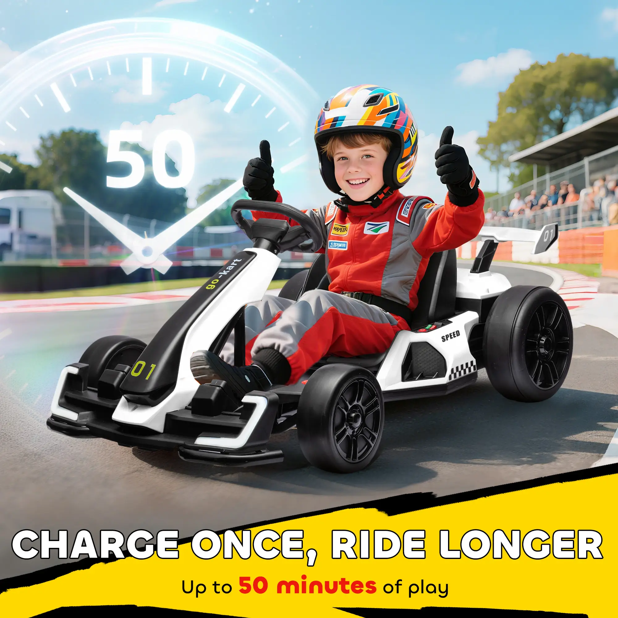 24V 7.5 MPH Electric Go Kart with Adjustable Seat, Slow Start, White