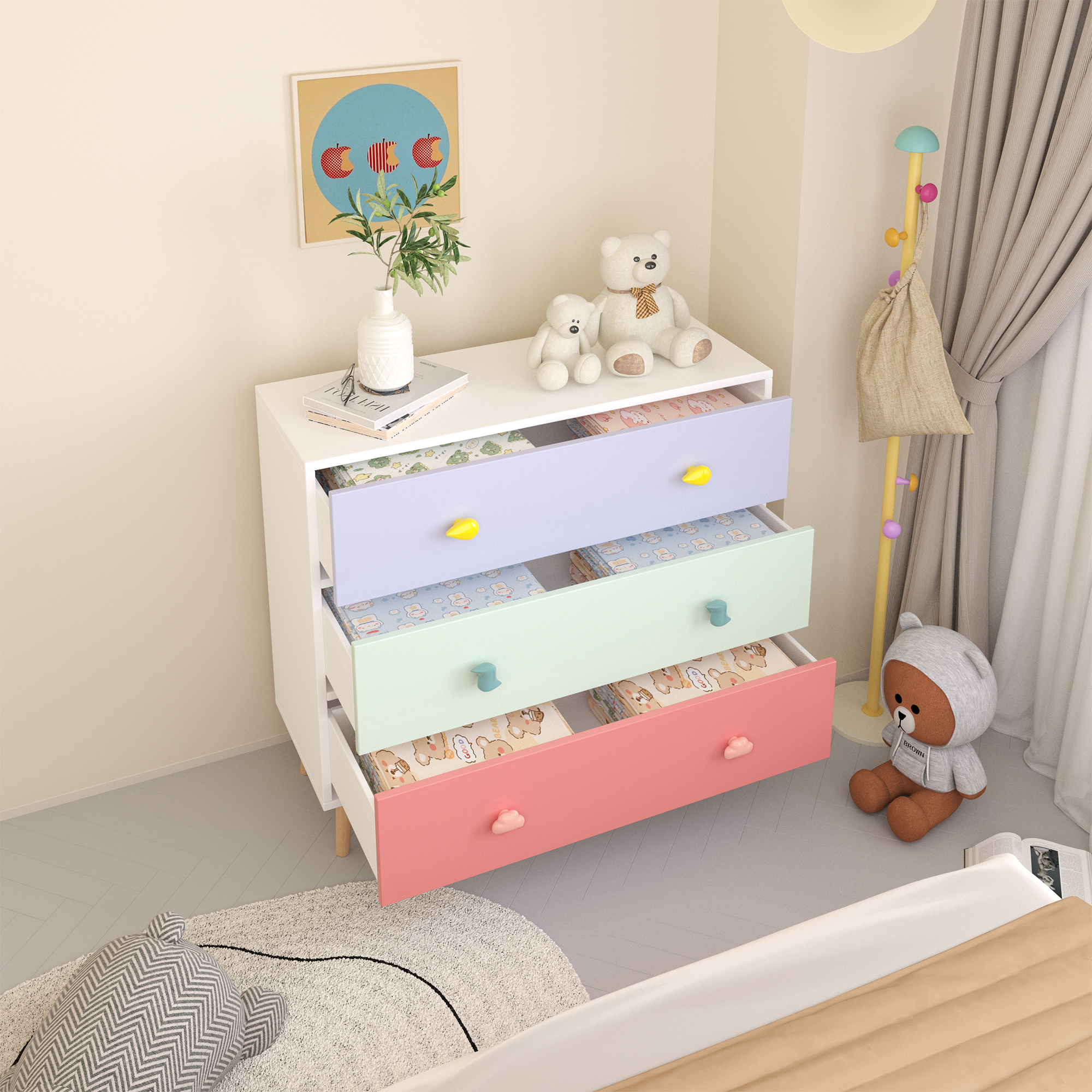 Kids 3 Drawer Dresser, Baby Nightstand For Bedroom, Storage Cabinet For Toddler Child For Living Room, Toddler Room, Nursery, Closet, Apartment Colorful