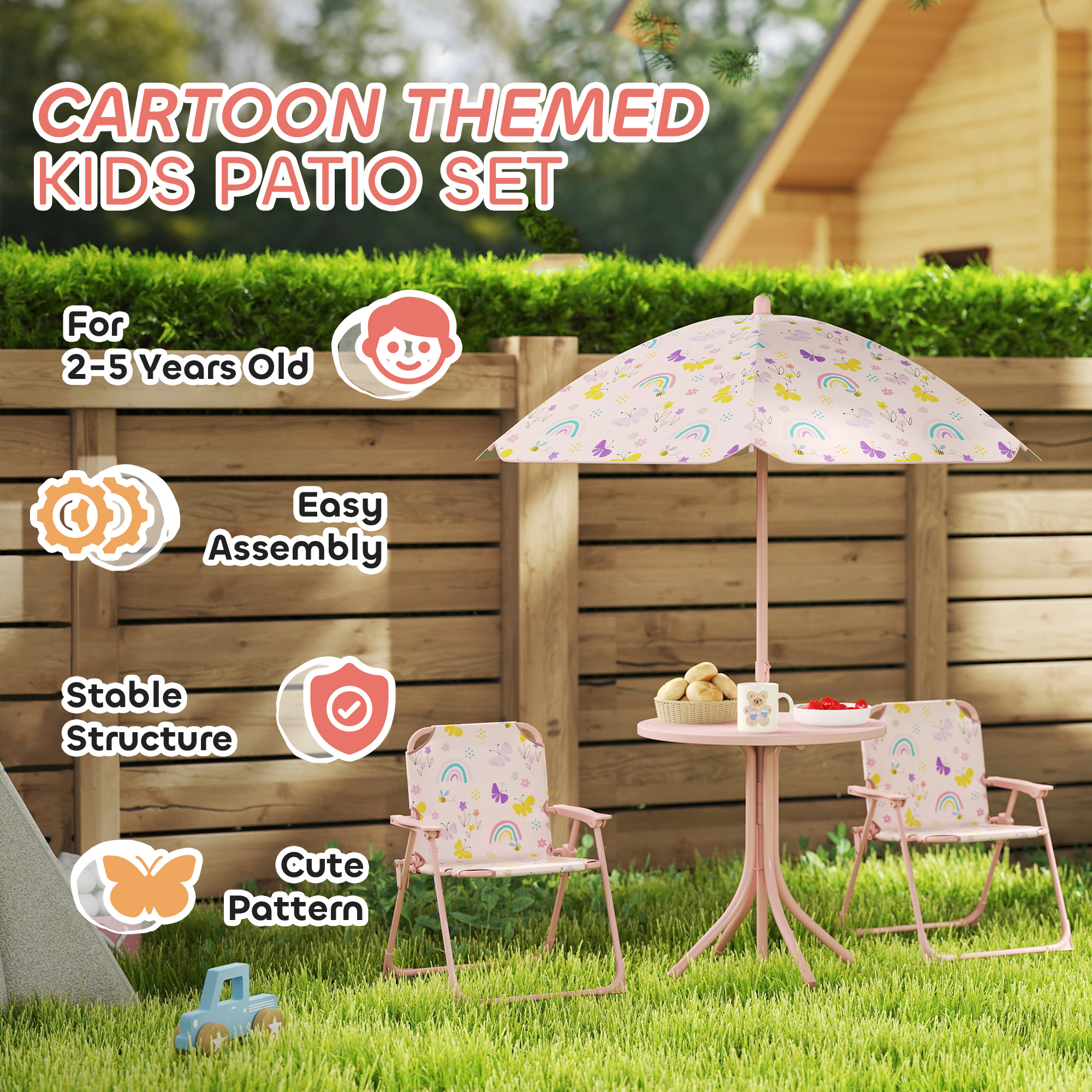 Kids Picnic Table and Chair Set, Outdoor Activity Table with Foldable Chairs, Removable Umbrella for Backyard, Pink