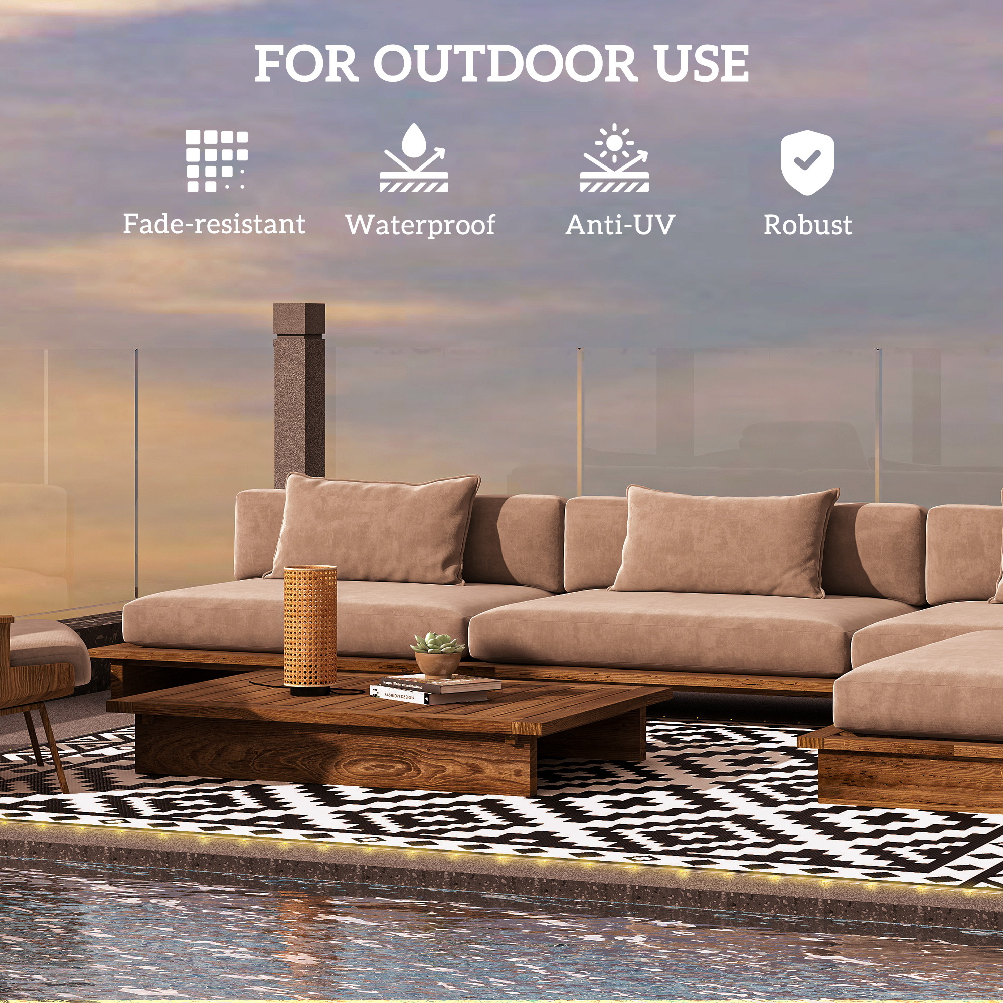 Outdoor Rug Carpet Reversible Plastic Straw Rug with LED Lights Black and White 12 x 9 for Patio image 5