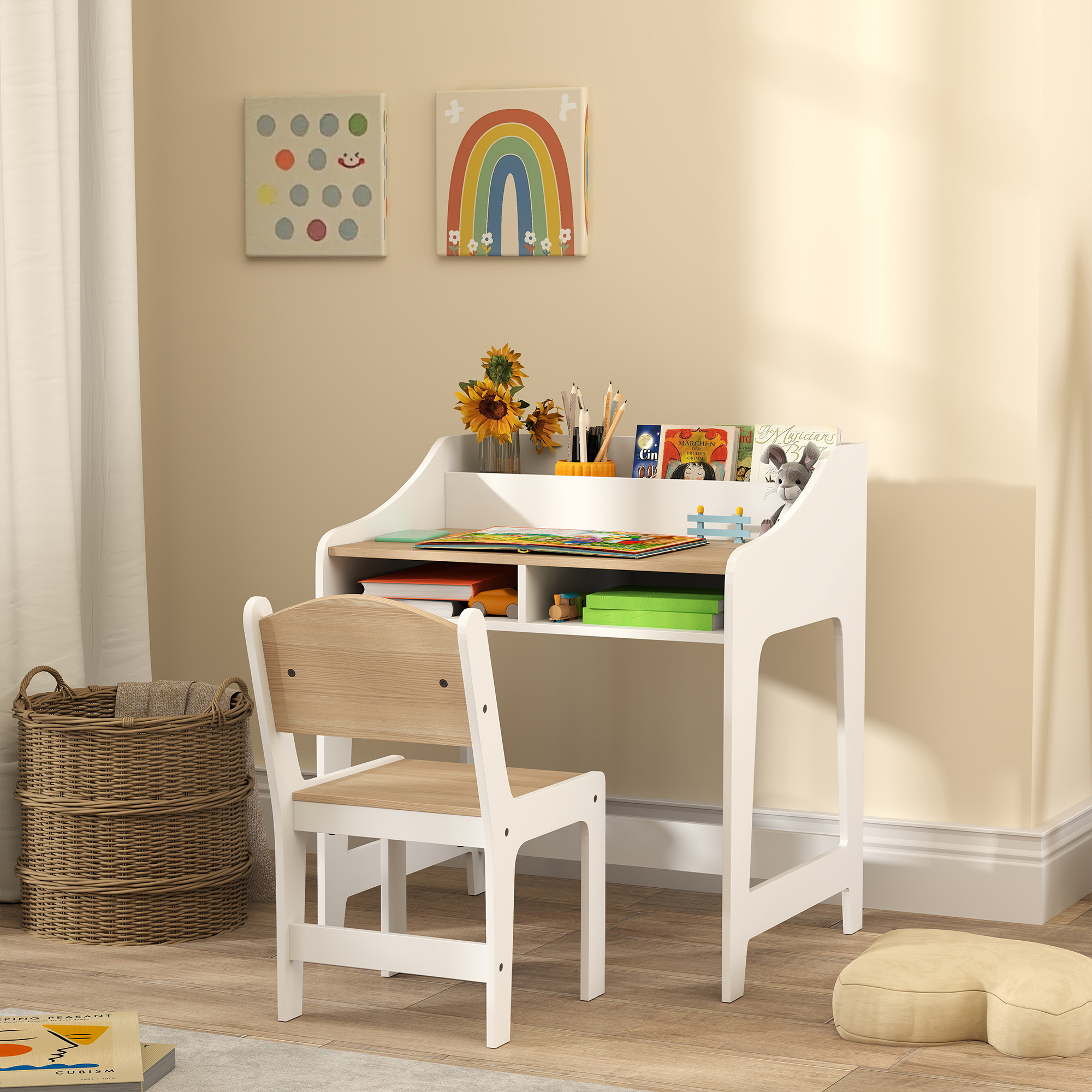 Kids Desk and Chair Set with Storage and Shelves, for Bedroom & Study Room, Gift for 3-8 Years Old, Natural Wood - Image 1