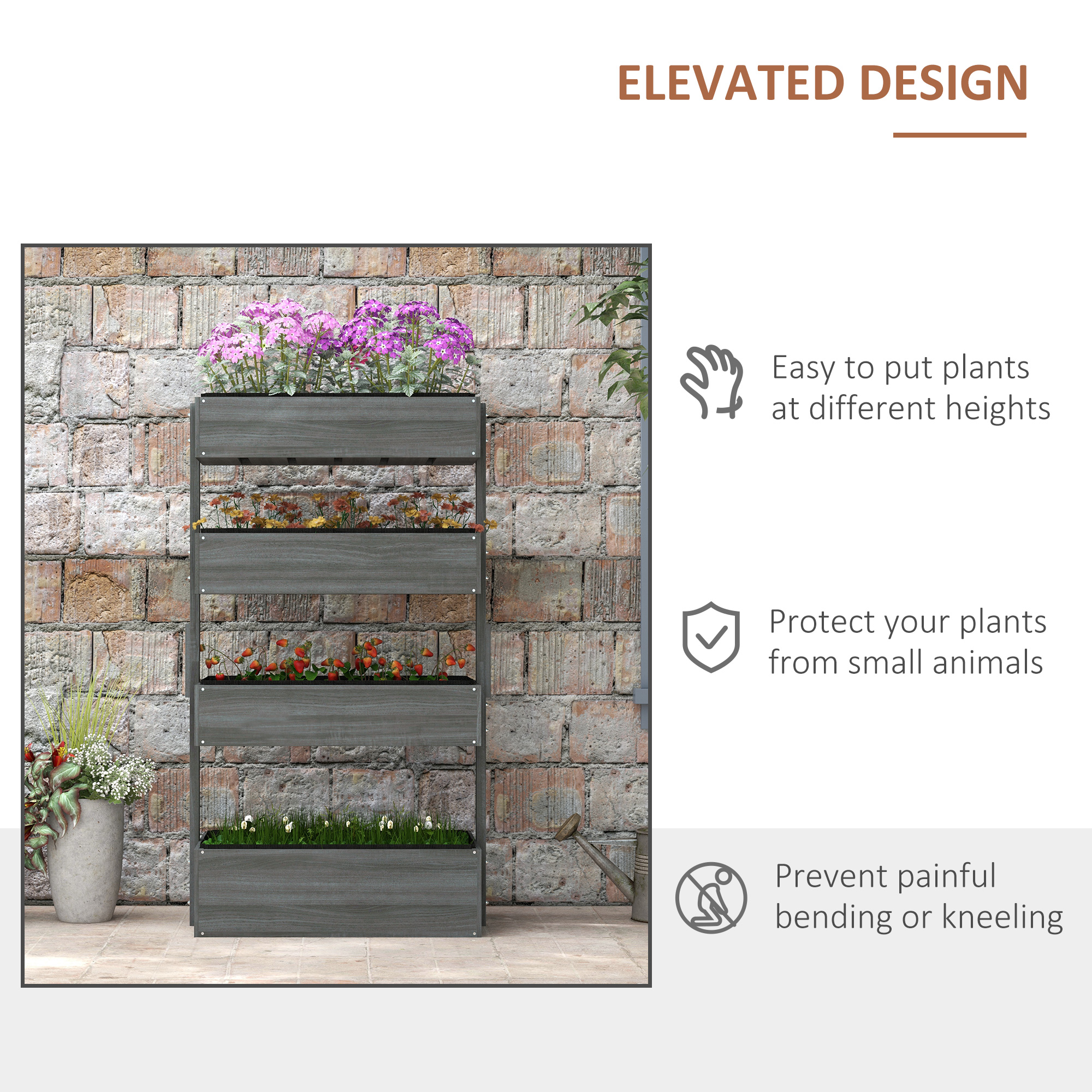  Outdoor Wooden Vertical Garden Planter, 4 Tier Planter Box, Self-Draining for Flowers, Vegetables, Herbs, Gray