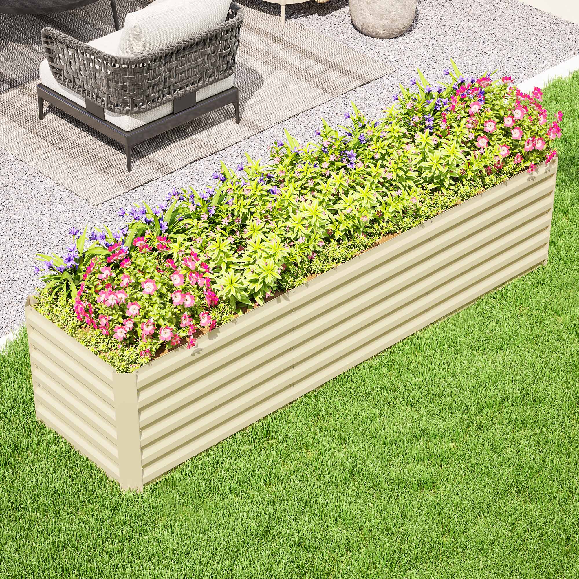  8x2x2ft Galvanized Raised Garden Bed Kit with Safety Edging for Flowers, Herbs and Vegetables, Cream White