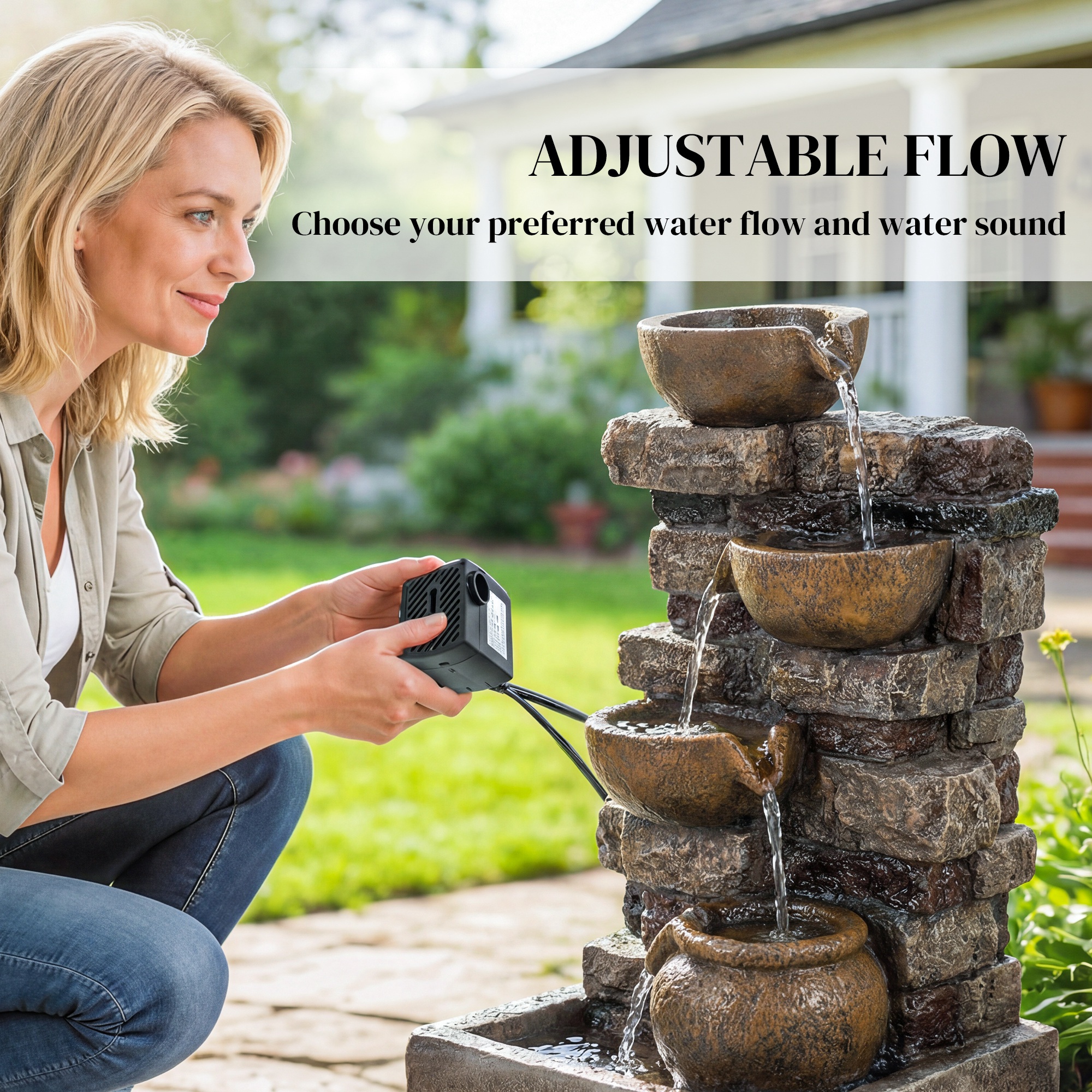  28" Outdoor Fountain with 5-Tier Rustic Jugs, Cascading Waterfall with LED Lights, Adjustable Flow, Rustic Brown