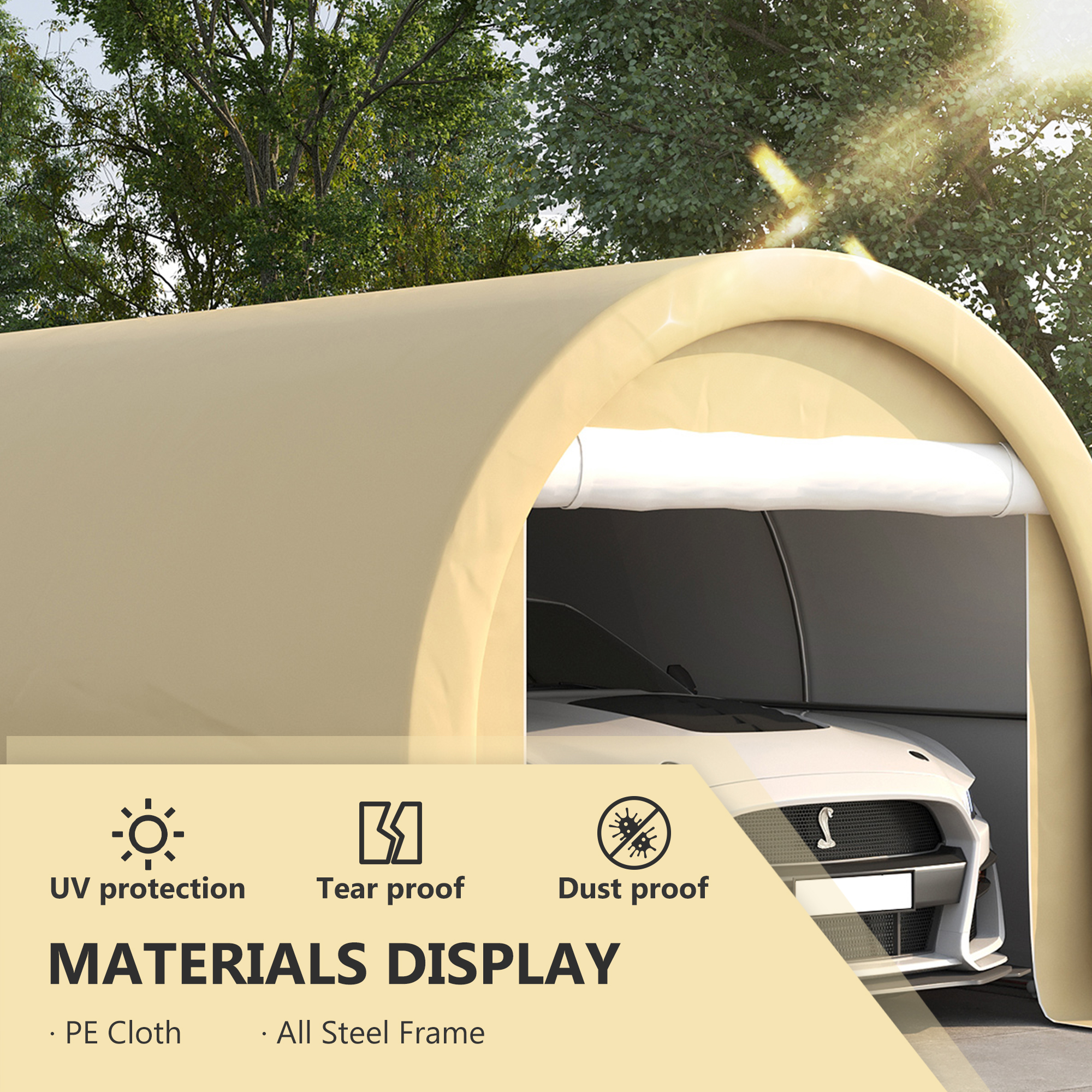  10' x 16' Carport, Heavy Duty Portable Garage Storage Tent with Large Zippered Door, Anti-UV PE Canopy Cover for Car, Truck, Boat, Motorcycle, Bike, Garden Tools, Outdoor Work, Beige