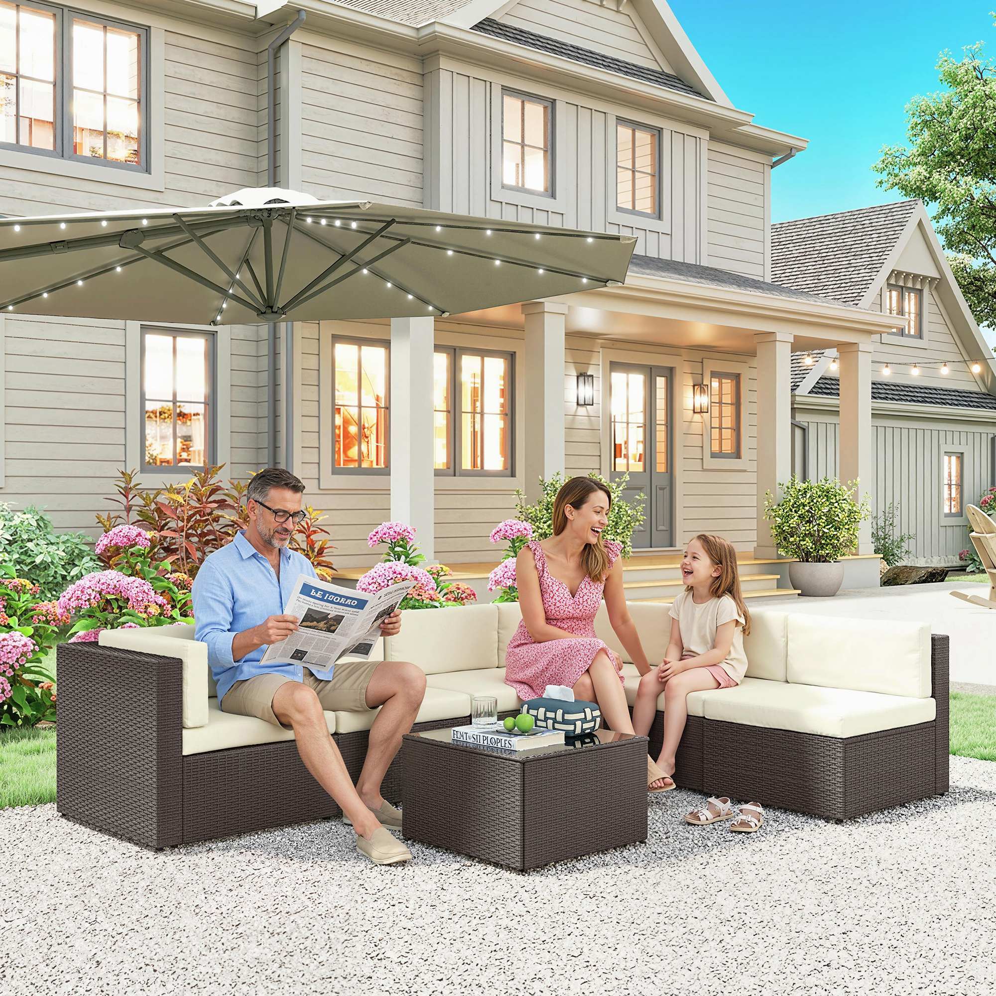  7 Piece Patio Furniture Set, All Weather PE Rattan Outdoor Furniture Conversation Sets with Glass Top Coffee Table