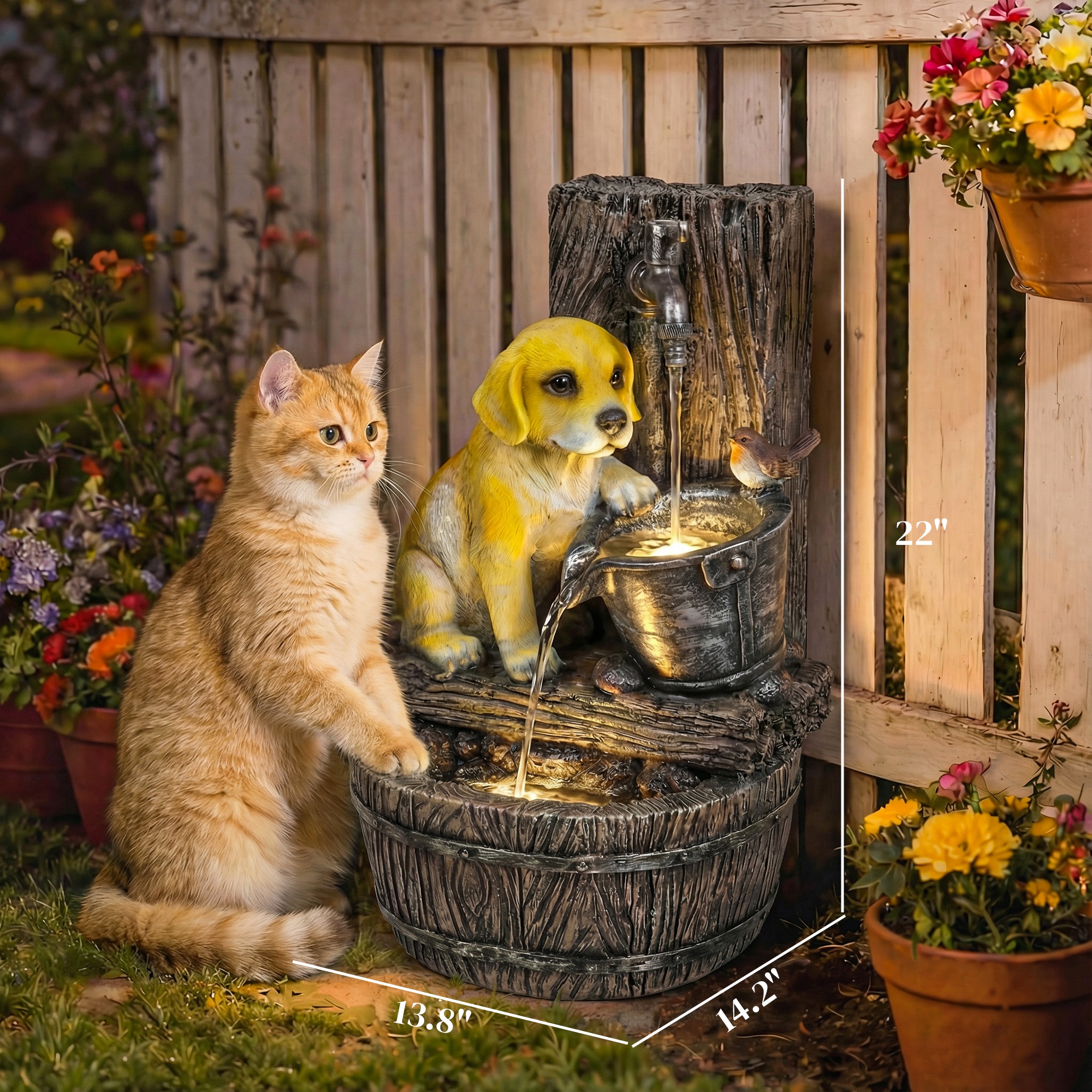  22" Outdoor Fountain with 3-Tier Puppy Theme, Resin Garden Fountain with LED Lights, Adjustable Flow, Rustic Brown