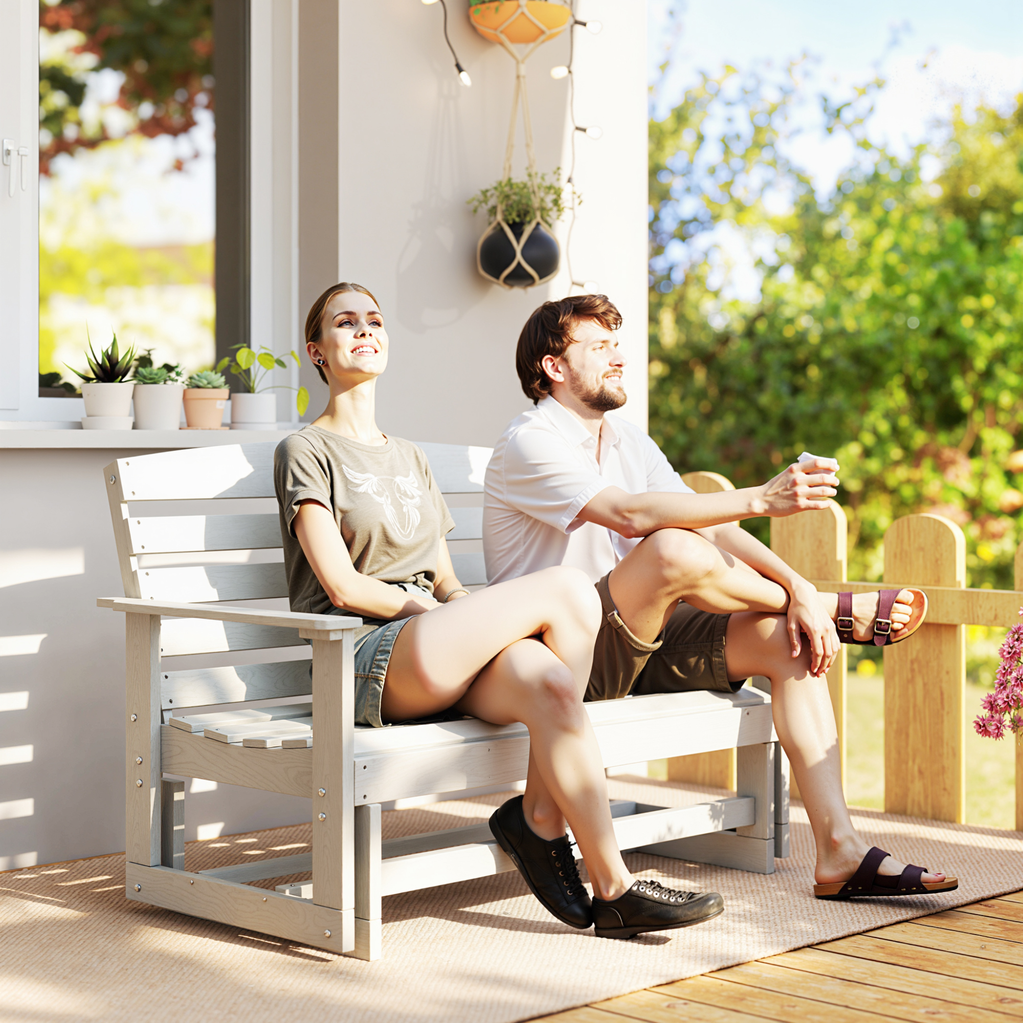  Patio Glider Bench w/ HDPE Slatted Double Rocking Chair, Distressed White