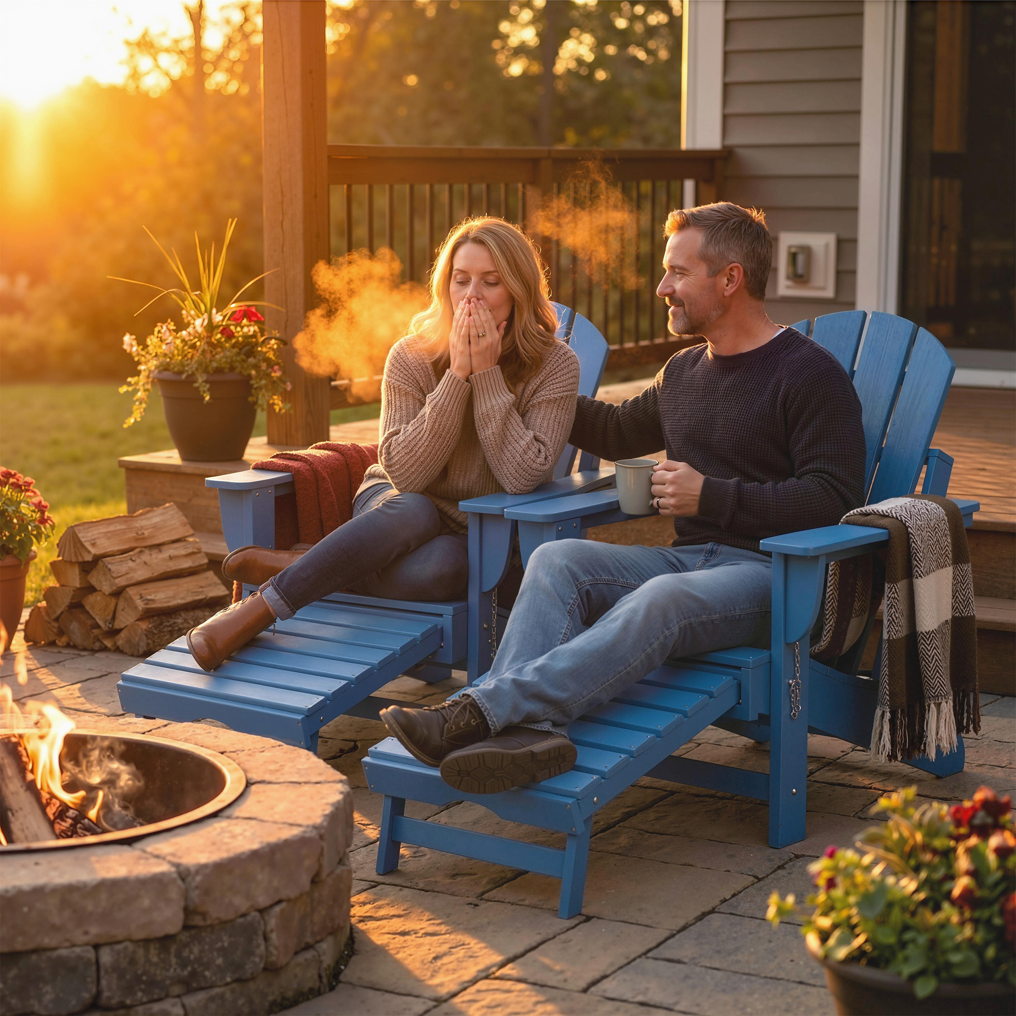  Folding Adirondack Chair Set of 2, HDPE Fire Pit Chair with Retractable Ottoman and Cup Holder, Blue