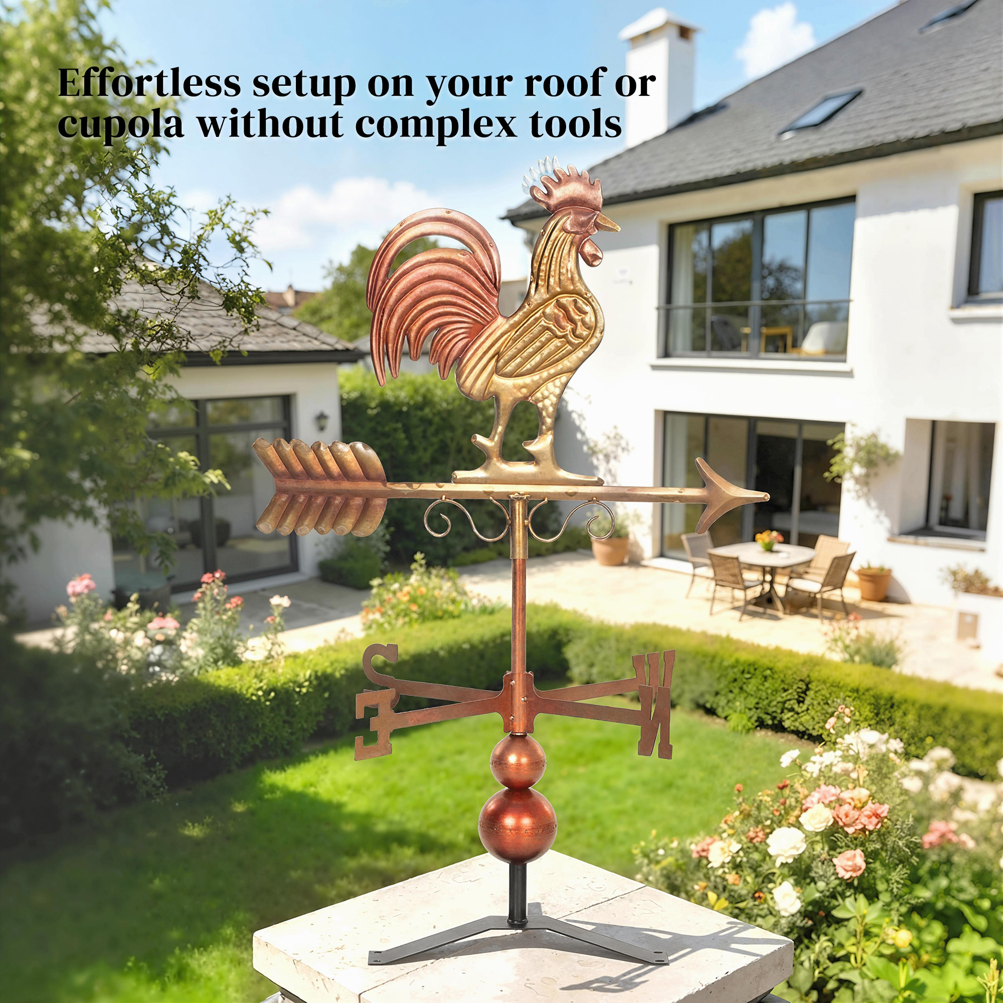  Metal Rooster Weathervane, Roof Mount Wind Direction Indicator, Outdoor Weather Vanes