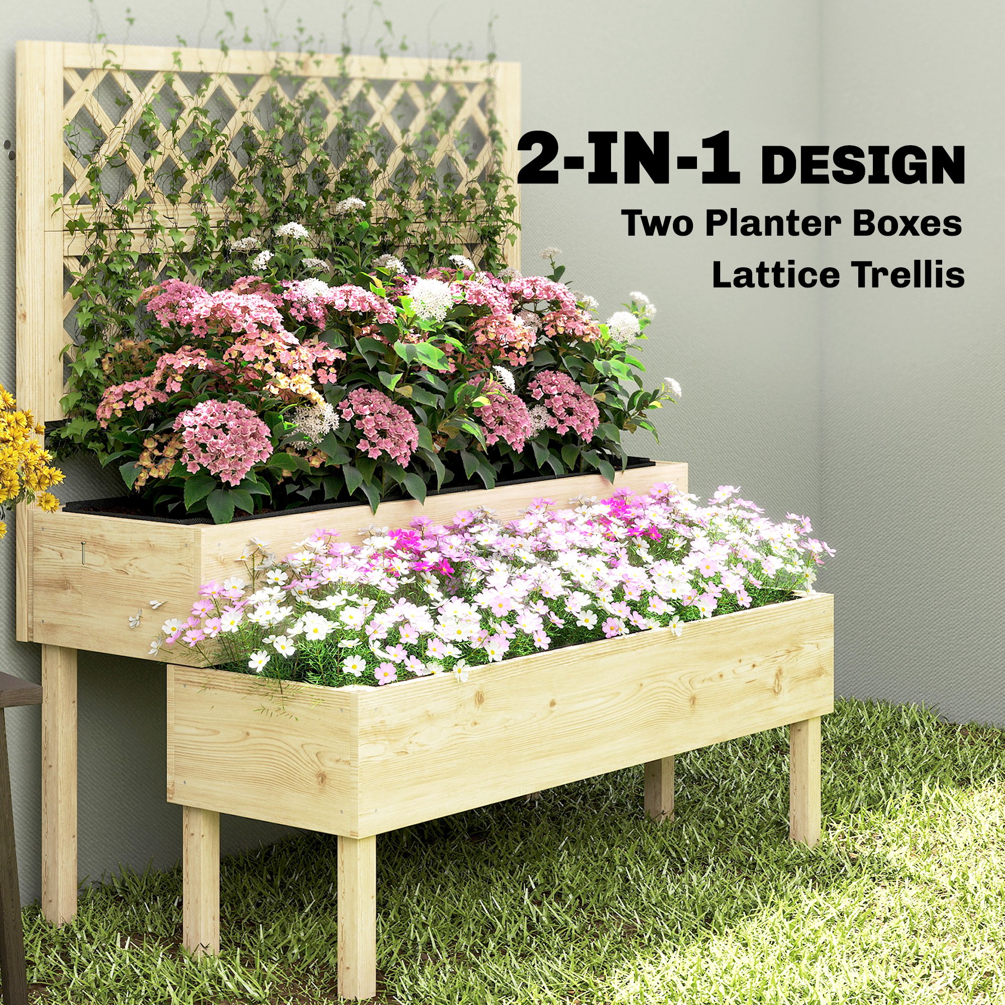  2-Tier Raised Garden Bed with Trellis, Elevated Planter Box for Climbing Plants, Natural