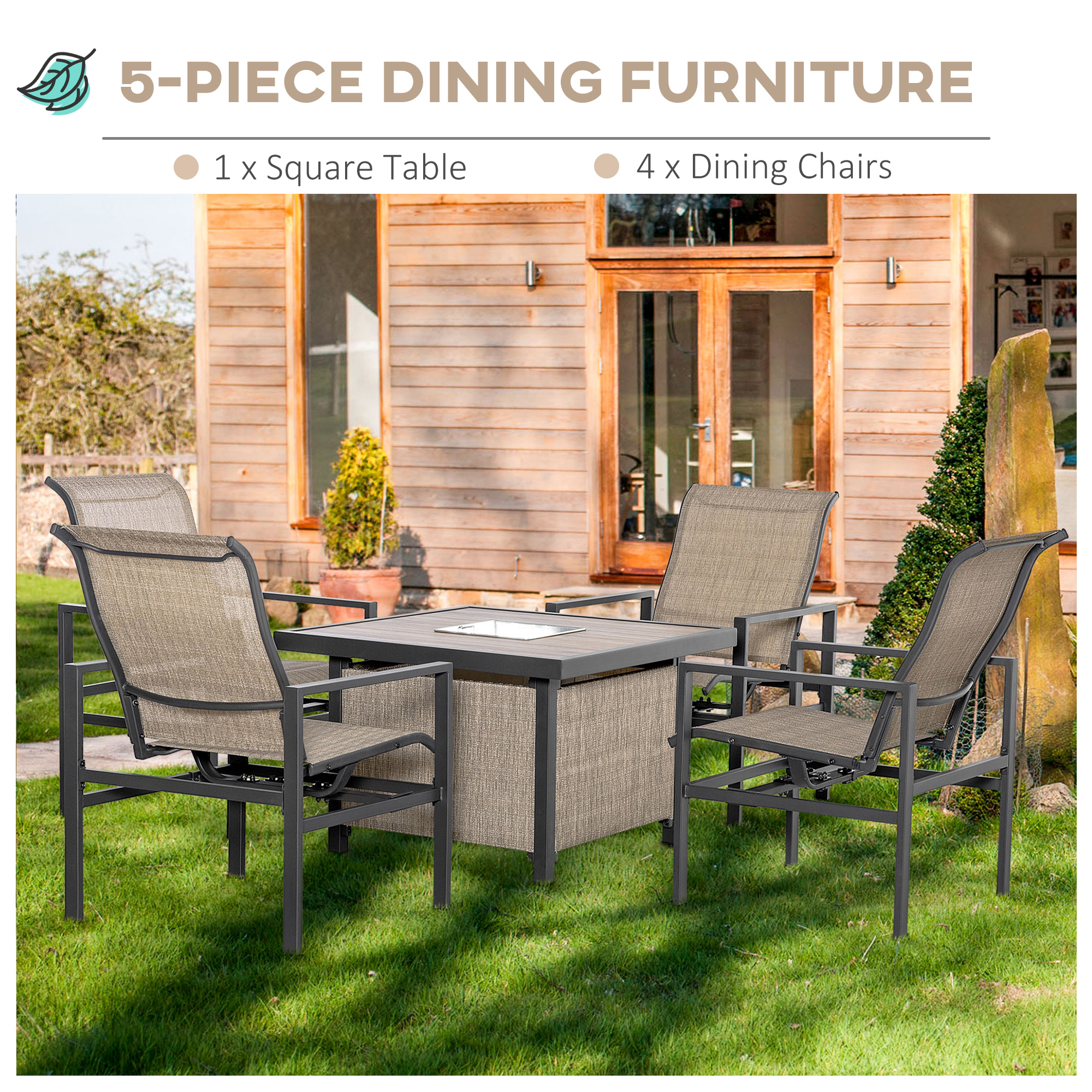  5 Piece Garden Patio Dining Set, Dinner Table with Built-in Ice Bucket Insert, 4 Rocking Chairs, Beige