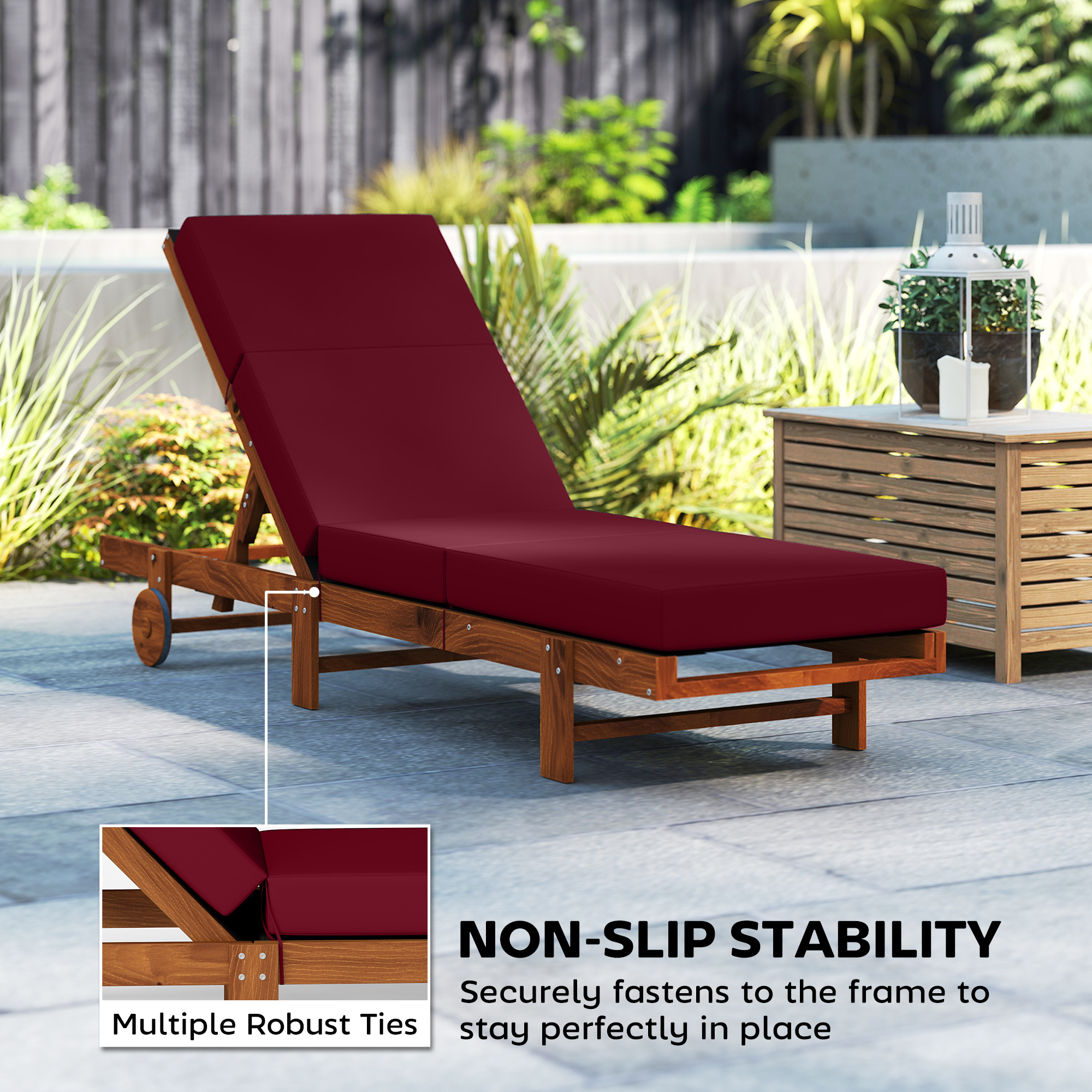  Chaise Lounge Cushion, 4" Thick Outdoor Lounge Chair Cushion with Ties for Patio, 21" x 72 ", Red