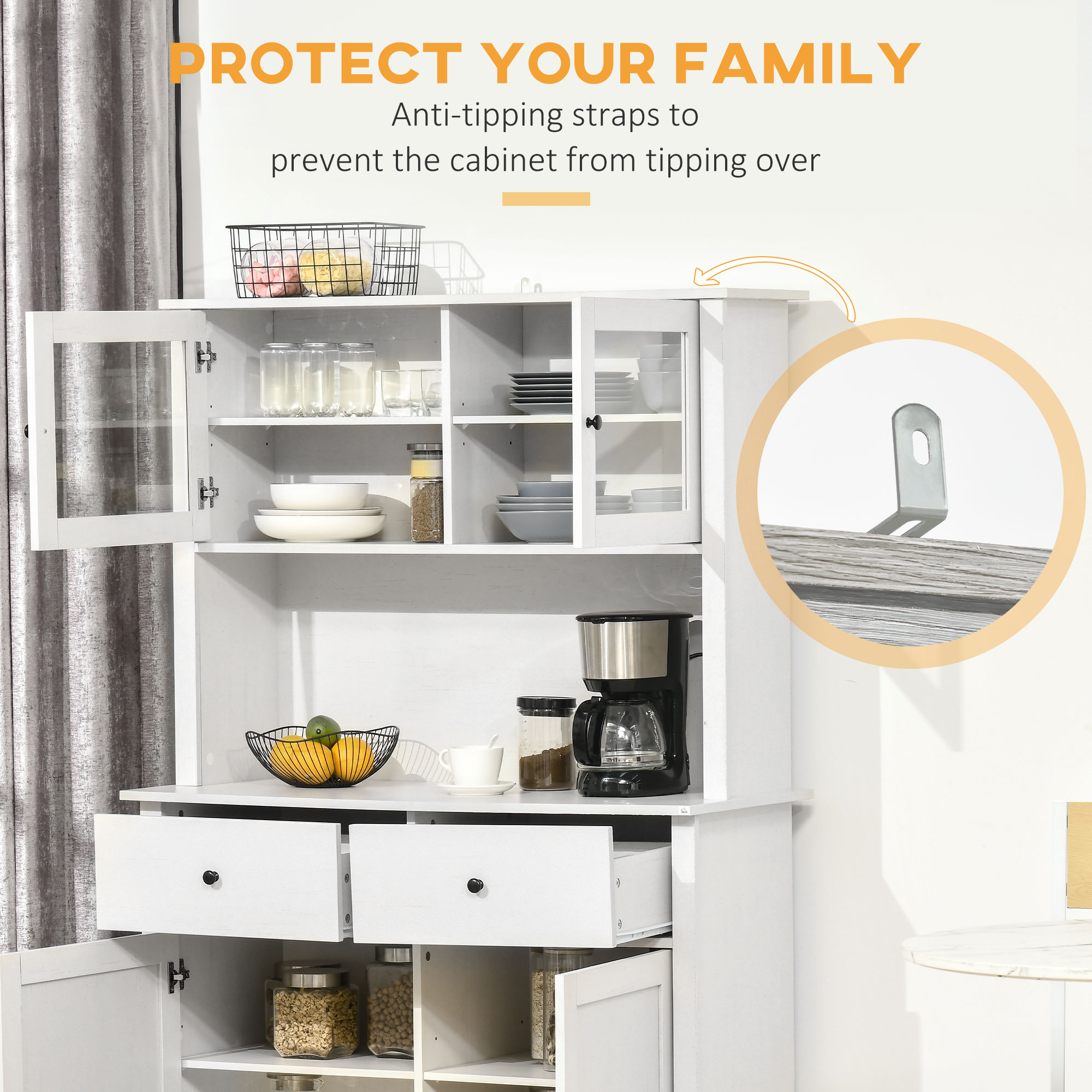  63.5" Kitchen Buffet with Hutch, Pantry Storage Cabinet with 4 Shelves, Drawers, Framed Glass Doors, Open Microwave Countertop, Antique White