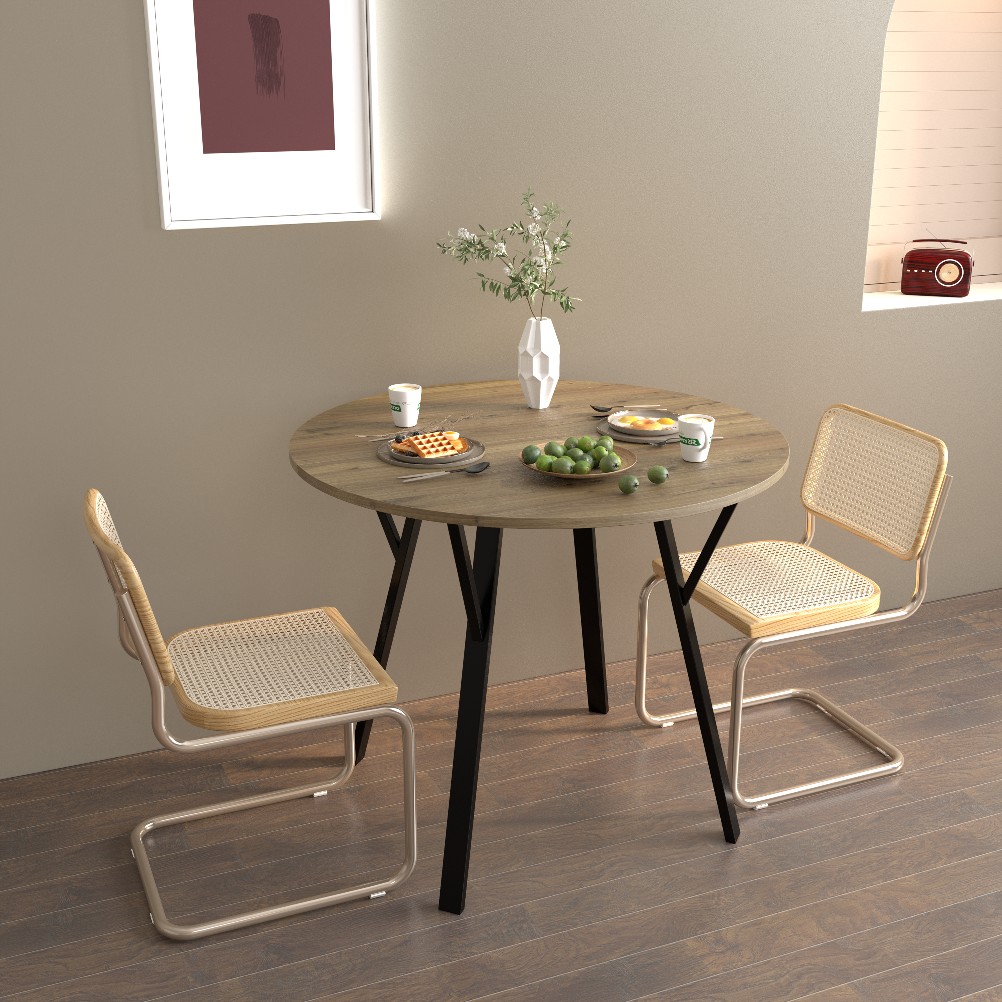 35.43 Inch Round Dining Table, Small Circle Kitchen Table With Metal Black Legs For 2-4 People,Modern Dining Room Table, Brown Only Table