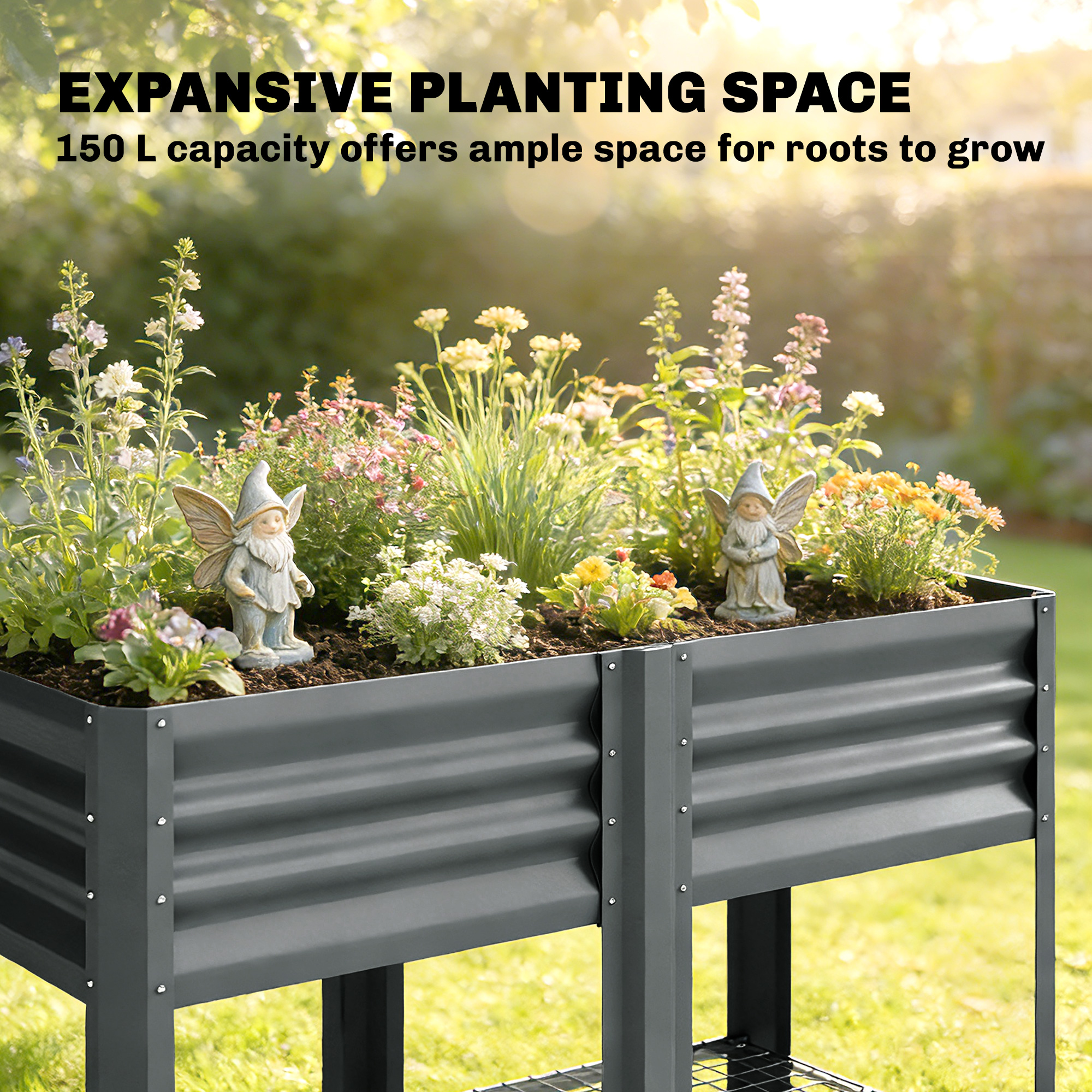  Raised Garden Bed Galvanized Steel, Elevated Planter Box with Storage Shelf, Bed Liner, 31.5" High, Dark Gray