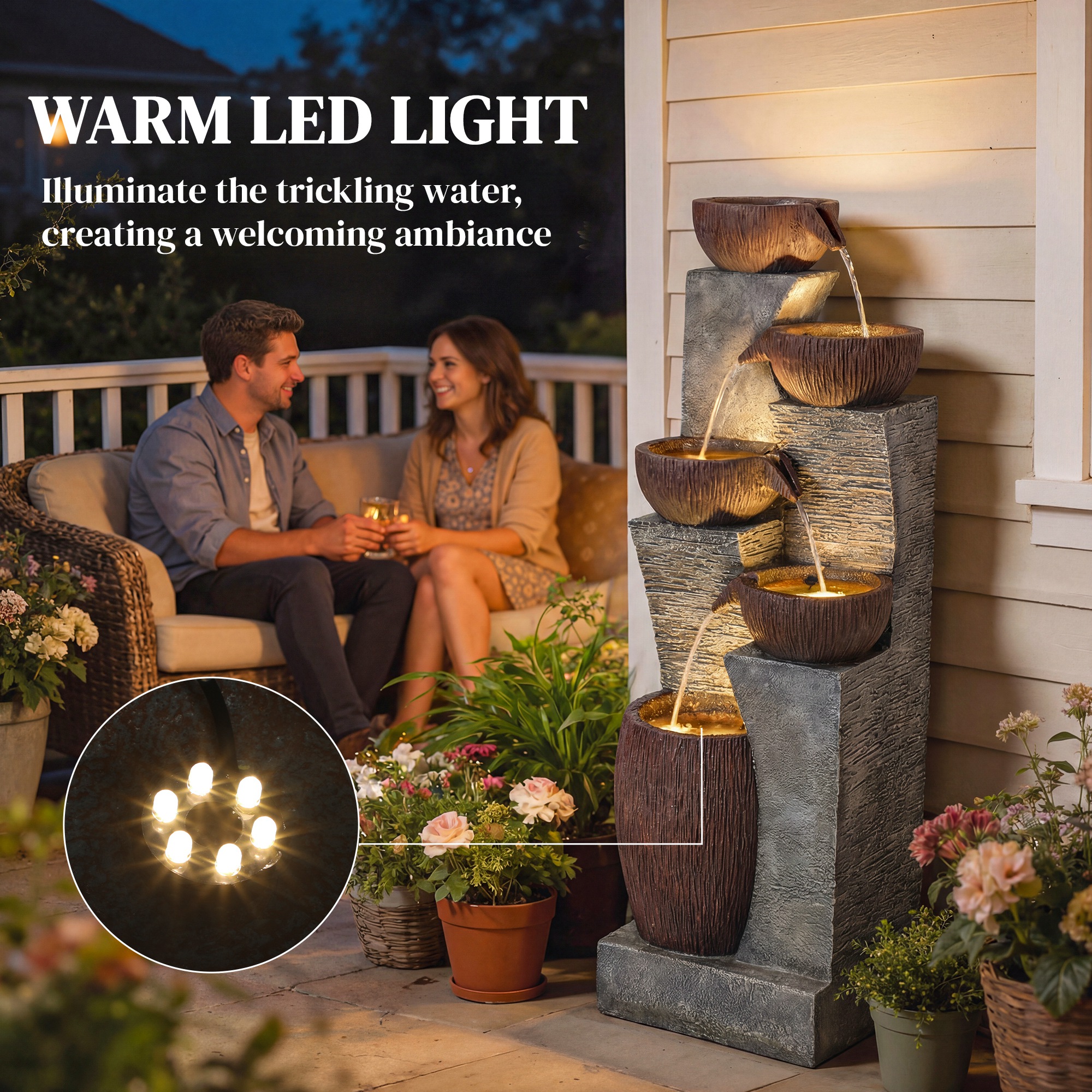  Outdoor Water Fountain with 5-Tier Crock Design, 51.2" Tall Cascading Waterfall Garden Fountain with LED Lights