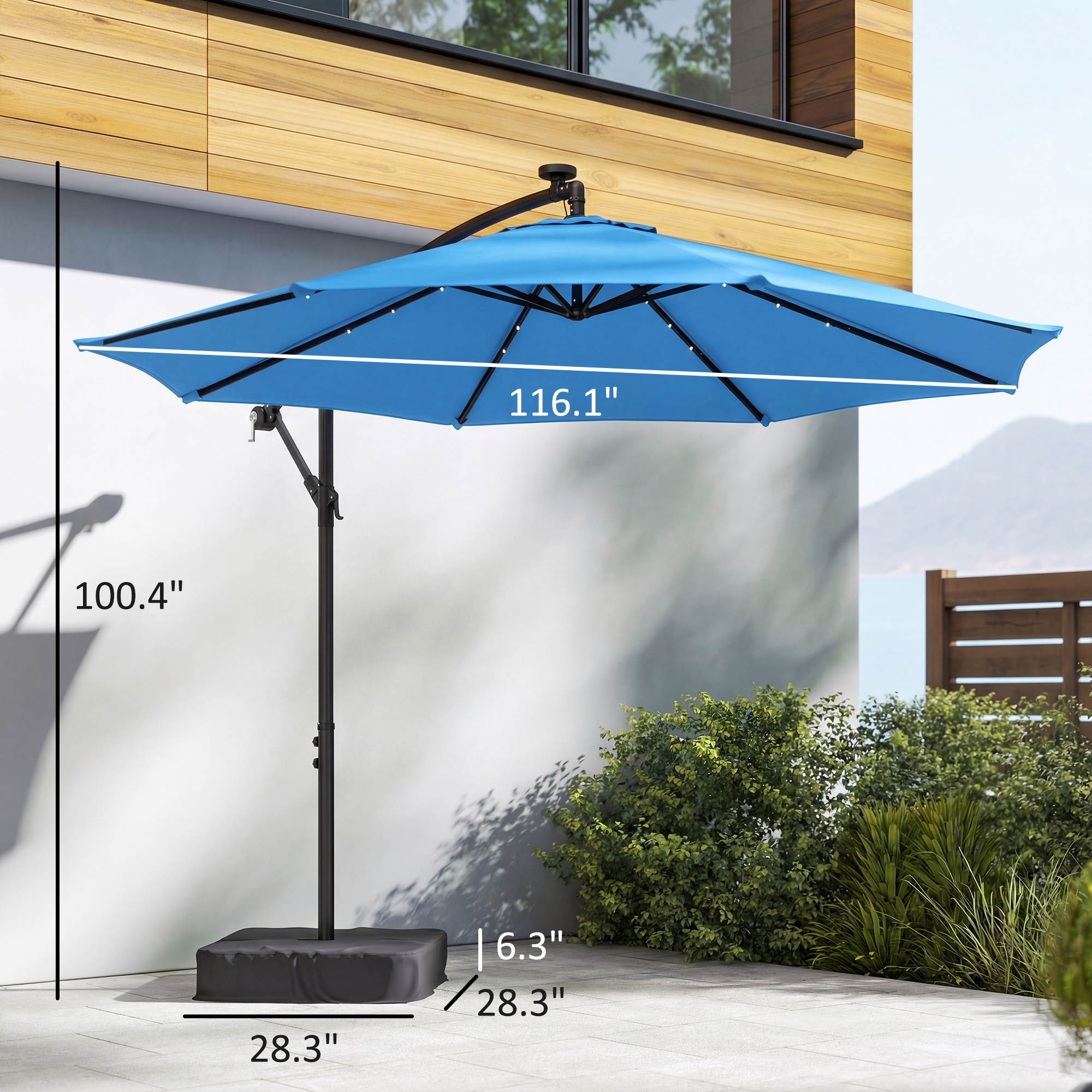  10 ft Cantilever Patio Umbrella with Light, Weight, Offset Hanging Outdoor Umbrella with Protective Cover, Lake Blue